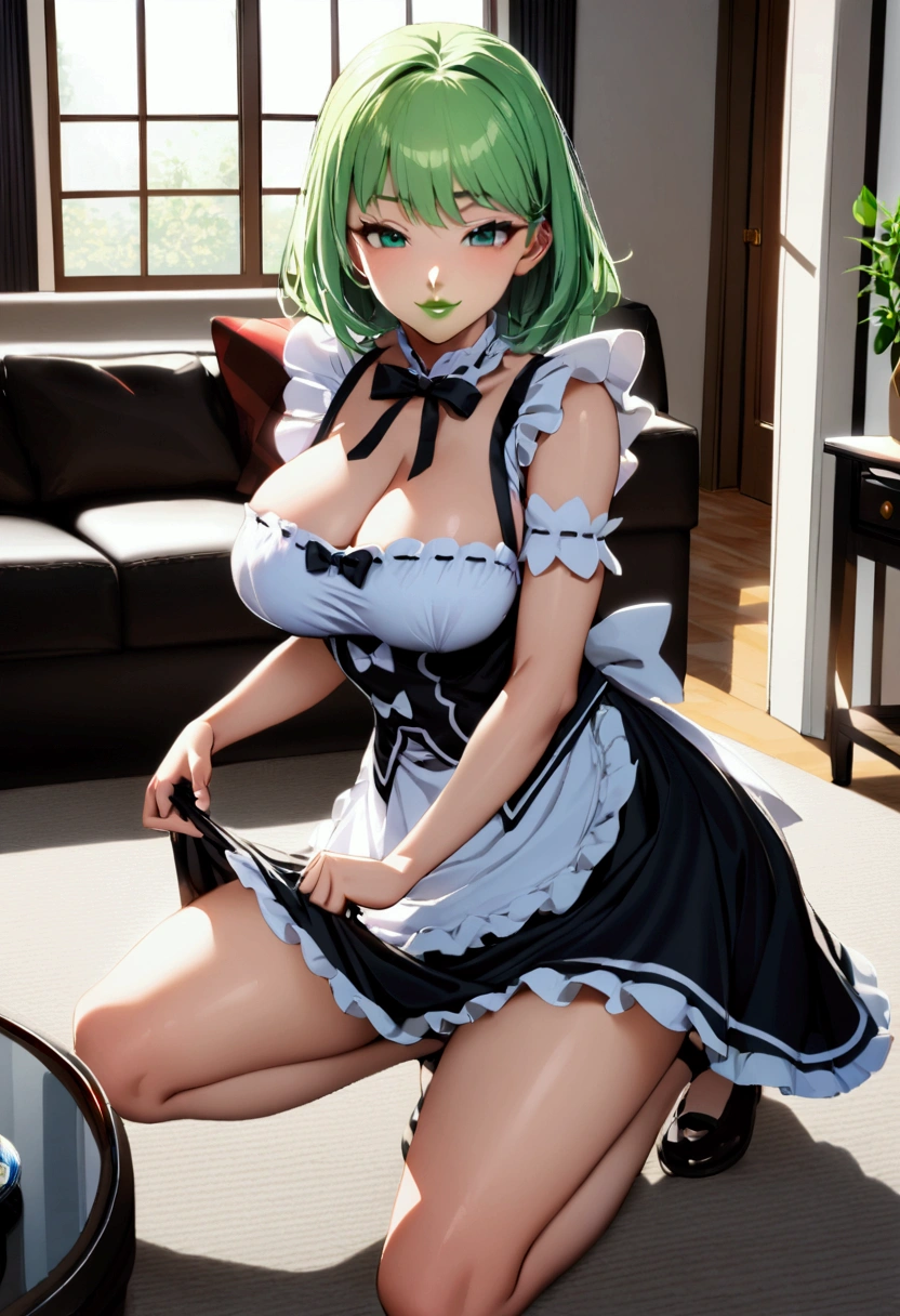 1girl with medium green hair, green eyes, green lips, maid uniform, decolletage, smiling, rich living room, indoors, young face, y smile, big tting up skirt, shoving panties