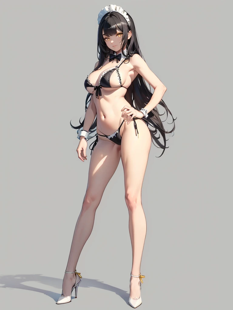 ((1girl, solo)), beautiful body, (perfect anatomy, perfect body, perfect hands, perfect legs), (five fingers:1.5), natural proportions, sexy body, large breasts, standing,  hand on hip, full body BREAK 

((extremely detailed face)), (yellow eyes:1.5), (beautiful detailed eyes:1.6), (realistic pupils, realistic iris:1), expressive eyes, ((looking at viewer)), (clear eyes:1.3), (hyperrealistic:1.2), (detailed skin texture:1.2), smooth skin, (black hair:1.5), long hair, hair between eyes, (detailed lips:1.2), (attractive lips:1.1), (glossy lips:1.1), smile, perfect face, perfect eyes BREAK

maid, maid headdress, (maid bikini:1.5), ((black bikini)), covered nipples, ((detached collar)), (black bowtie:1.3), ((wrist cuffs)), string panties, bare legs, black footwear, high heels BREAK

(masterpiece:1.5), anime-style, top quality, best quality, (beautiful and aesthetic:1.2), (ultra detail:1.5), Ultra-detailed depiction, Ultra-precise depiction, extremely detailed 8k illustration, high resolution, (highly detailed shading:1.2), (realistic lighting:1.4), perfect lighting, vibrant colors, dynamic tones, striking hues, 8k, absurd resolution, perfect shadows, hdr, UHD, ambient lighting, realistic, ultra-realistic, photo realistic, highly detailed, rich detail, luminous colors, fine texture, intricate design, professional illustration, (soft light:1.2), (illustration:0.7),