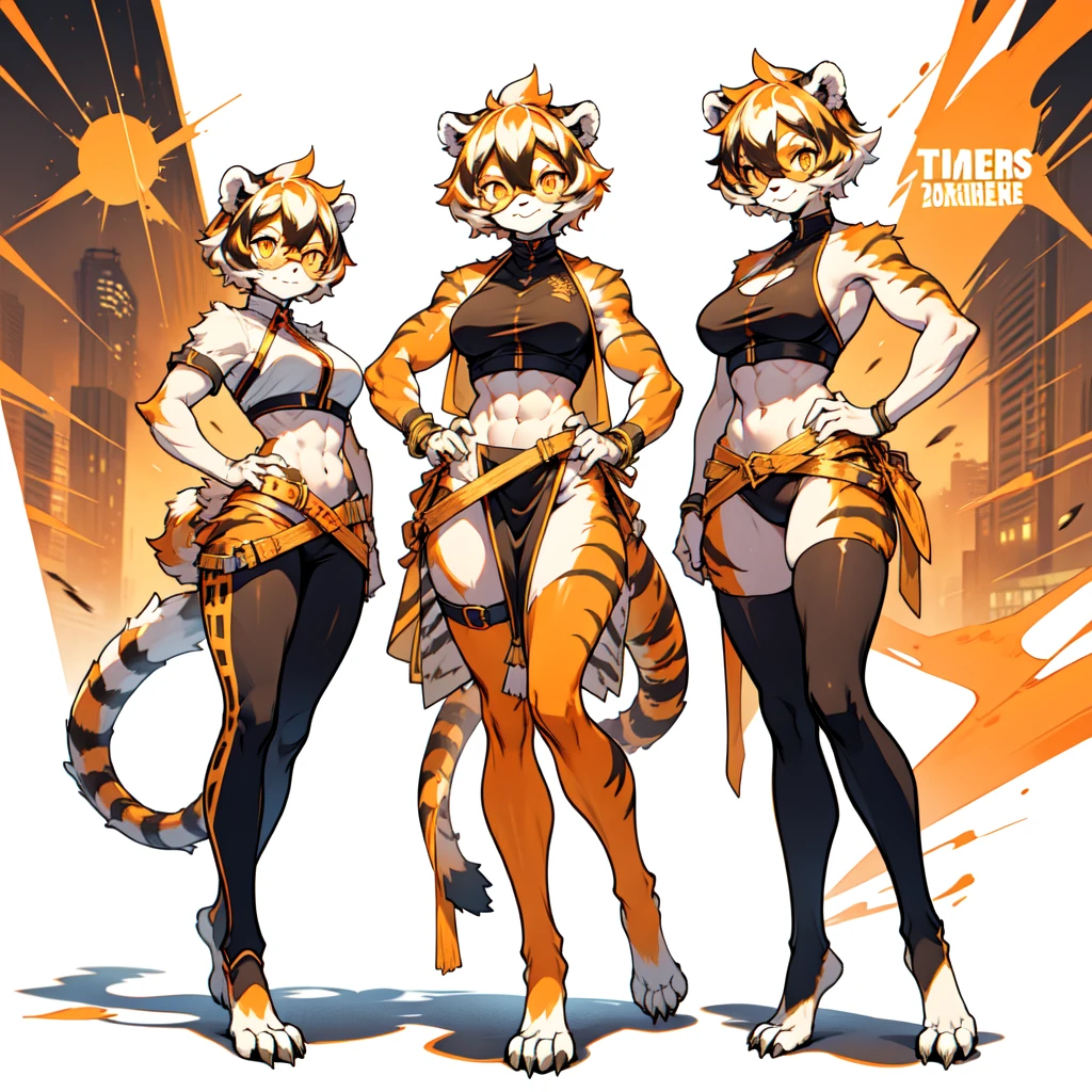 white background, full body, ((furry female:1.2)), Standing, animal ears, white hair, black hair, short hair, large breasts, muscle, tail, orange eyes, orange hair, multicolored hair, tiger girl, hair between eyes, tiger_ears, tiger_tail, orange-tinted_eyewear, tinted_eyewear, big breasts, evil smile, Shadows under feet, Abdominal muscles, (((Hooker outfit:1.2))), show body，Gold, lots of gold, gold ingots everywhere