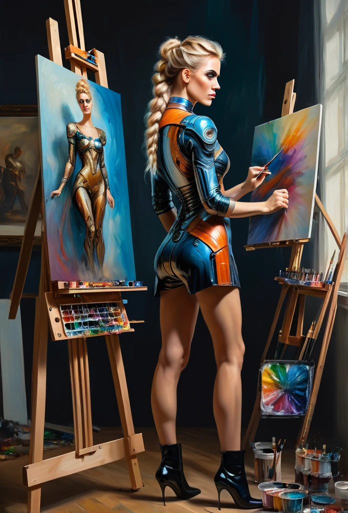 The easel, the paints, the artist, standing Full-length, Sexy cyborg woman drawing self-portrait in oil paints, french braid, blonde hair