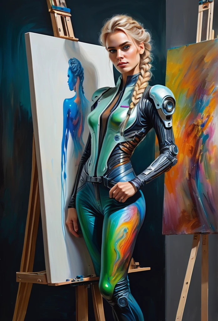 The easel, the paints, the artist, standing Full-length, Sexy cyborg woman drawing self-portrait in oil paints, french braid, blonde hair