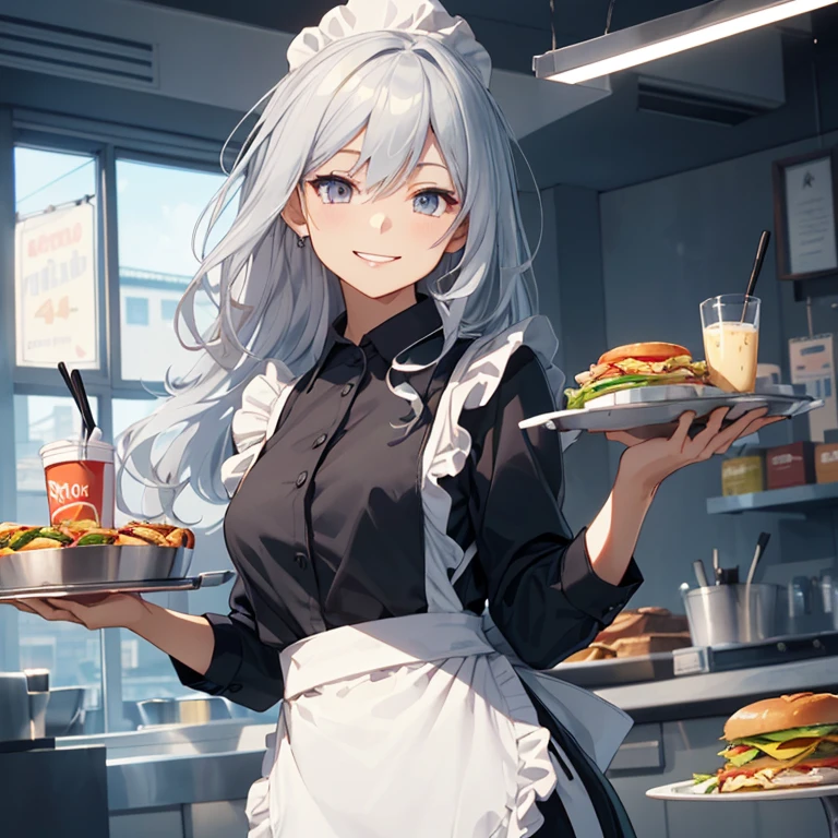 
verniy, grey hair, waitress at fast-food,(waitress uniform:1.4),(apron:1.4),
,(masterpiece:1.4),(best quality:1.4), (amazing), (great illustration:1.4), (ultra-detailed:1.4), (art CG, 8K)
,(hold a tray of orders :1.4),fast-food restaurant,(smile:1.4),1girl,solo,