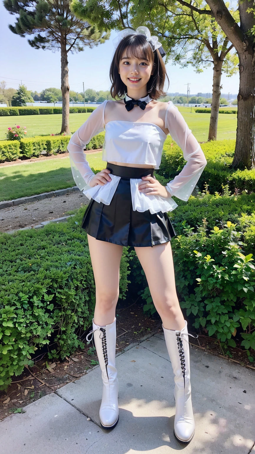 (8K、RAW Photos、Highest quality、masterpiece:1.2)、(Highest quality、Realistic)、1 Girl、((Tube top、mini skirt、Idol Costume、ribbon、Medium Hair、See-through、smile、Silver and Black、Thin legs、whole body、boots、garden、View from the front、Looking into the camera、Stand with hands on hips))、cute