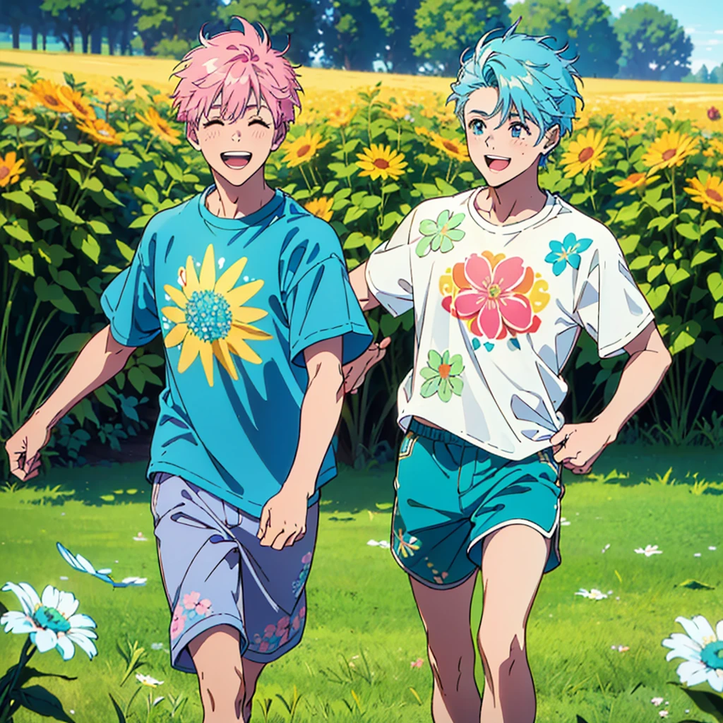 a 10 year old boy, (Best Quality, 8k, Masterpiece: 1.3), (warm sunny afternoon), on a field with green grass and flowers, walking , ultra detailed face , pink cheeks , pastel blue hair , white t-shirt with blue flower patterns, blue shorts, summer mood , laughing, happy, Running towards the direction of 45 degree from him.
