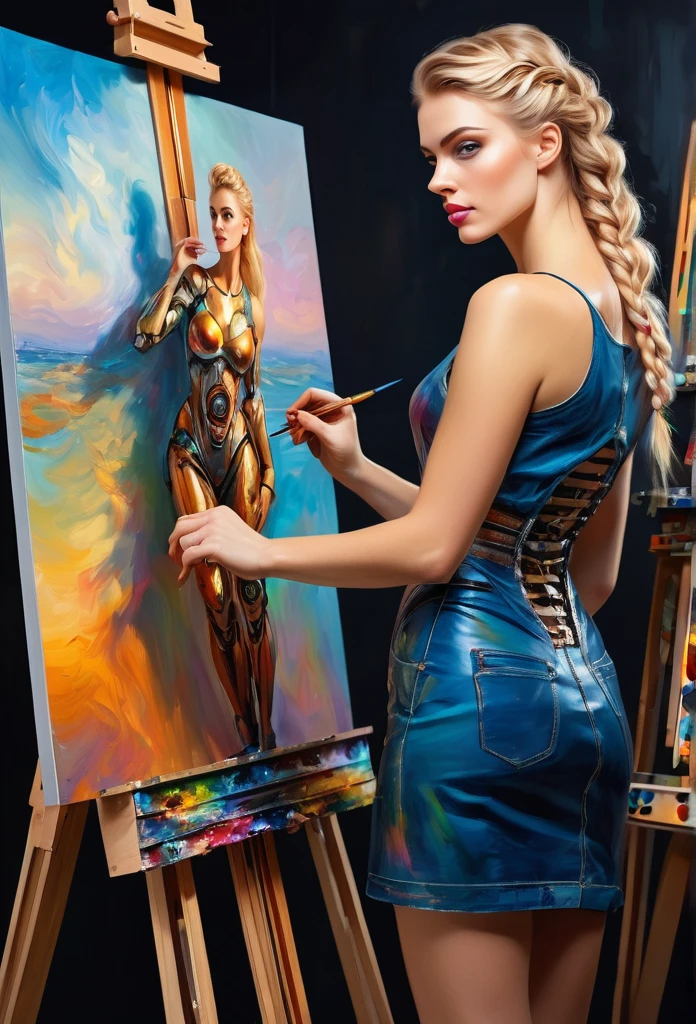 The easel, the paints, the artist, standing Full-length, cyborg woman drawing self-portrait in oil paints, blonde hair, (Best quality, 4K, 8k, A high resolution, masterpiece:1.2), absurdity, masterpiece, ultra detailed, Side view:1.2, (realistic, photorealistic, photorealistic:1.37), complex parts, HDR, (complex parts:1.12), (hyper detailed, hyper realistic, Soft lighting, spicy:1.2), beautiful figure, Magnificent Anatomy, (complex part, Hyper detailed:1.15), Smooth skin,