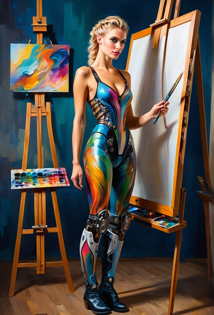 The easel, the paints, the artist, standing Full-length, Sexy cyborg woman drawing self-portrait in oil paints, french braid, blonde hair