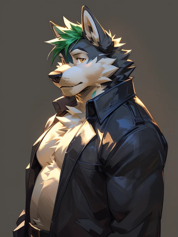 Solo, male, Husky Wolf, with black and cream-colored fur, with short bluish-green hair, with bluish-green whiskered, bluish-green chest fur, amber eyes, with long ears, shirtless, in jeans, chest, big chest view, ((focus body, furry focus, focus shadows, body shadows)) (((gray background, gray wallpaper), one color))), by darkgem, by mystikfox61, by glitter trap boy