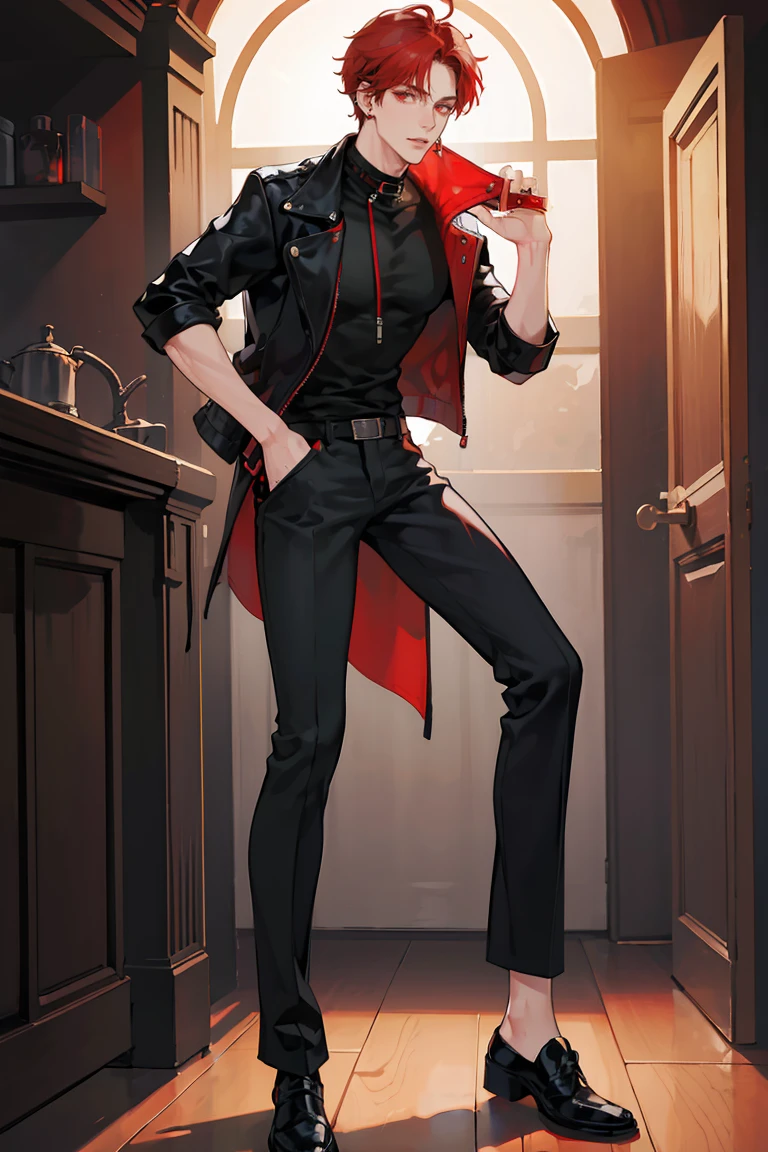 (masterpiece), best quality, seductive eyes, perfect face, handsome man, red eyes, short messy red hair, long nose, plain black t-shirt, black fitted pants, black leather jacket, full body, extremely tall man, long legs, long calves, anime cover, 1boy, ear piercings, hands in pockets, adult-like look