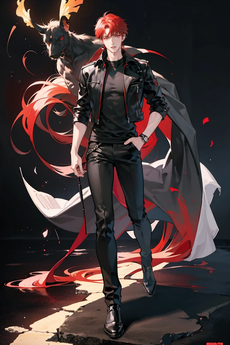 (masterpiece), best quality, seductive eyes, perfect face, handsome man, red eyes, short messy red hair, long nose, plain black t-shirt, black fitted pants, black leather jacket, full body, extremely tall man, long legs, long calves, anime cover, 1boy, ear piercings, hands in pockets, adult-like look
