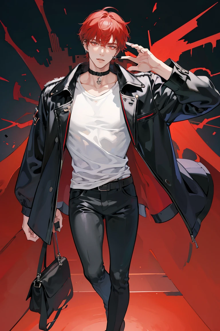 (masterpiece), best quality, seductive eyes, perfect face, handsome man, red eyes, short messy red hair, long nose, plain black t-shirt, black fitted pants, black leather jacket, full body, extremely tall man, long legs, long calves, anime cover, 1boy, ear piercings, hands in pockets, adult-like look
