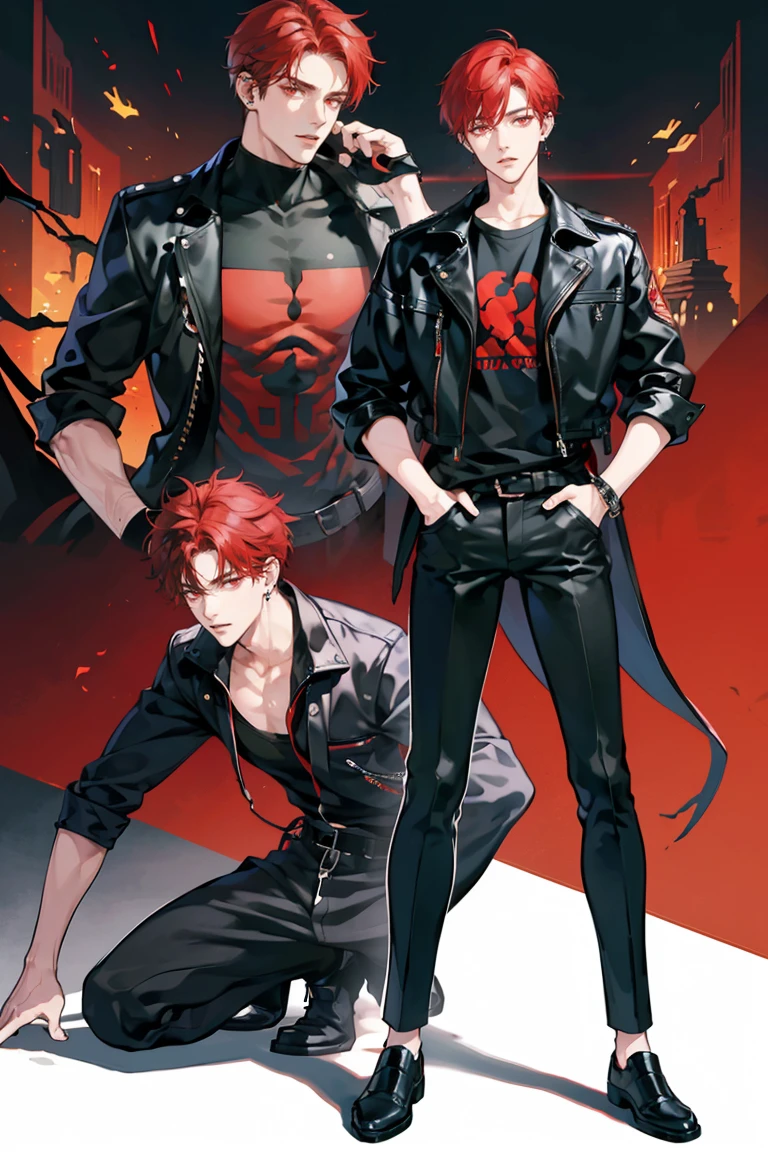 (masterpiece), best quality, seductive eyes, perfect face, handsome man, red eyes, short messy red hair, long nose, plain black t-shirt, black fitted pants, black leather jacket, full body, extremely tall man, long legs, long calves, anime cover, 1boy, ear piercings, hands in pockets, adult-like look