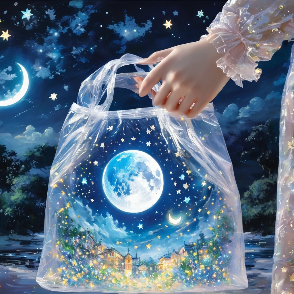 (masterpiece, best quality:1.2),Put the stars and the moon in a plastic bag,Luminescence