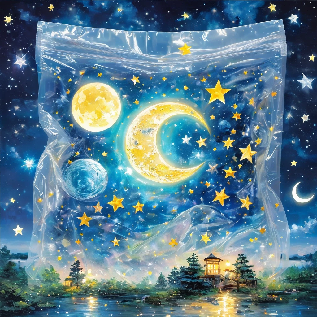 (masterpiece, best quality:1.2),Put the stars and the moon in a plastic bag,Luminescence