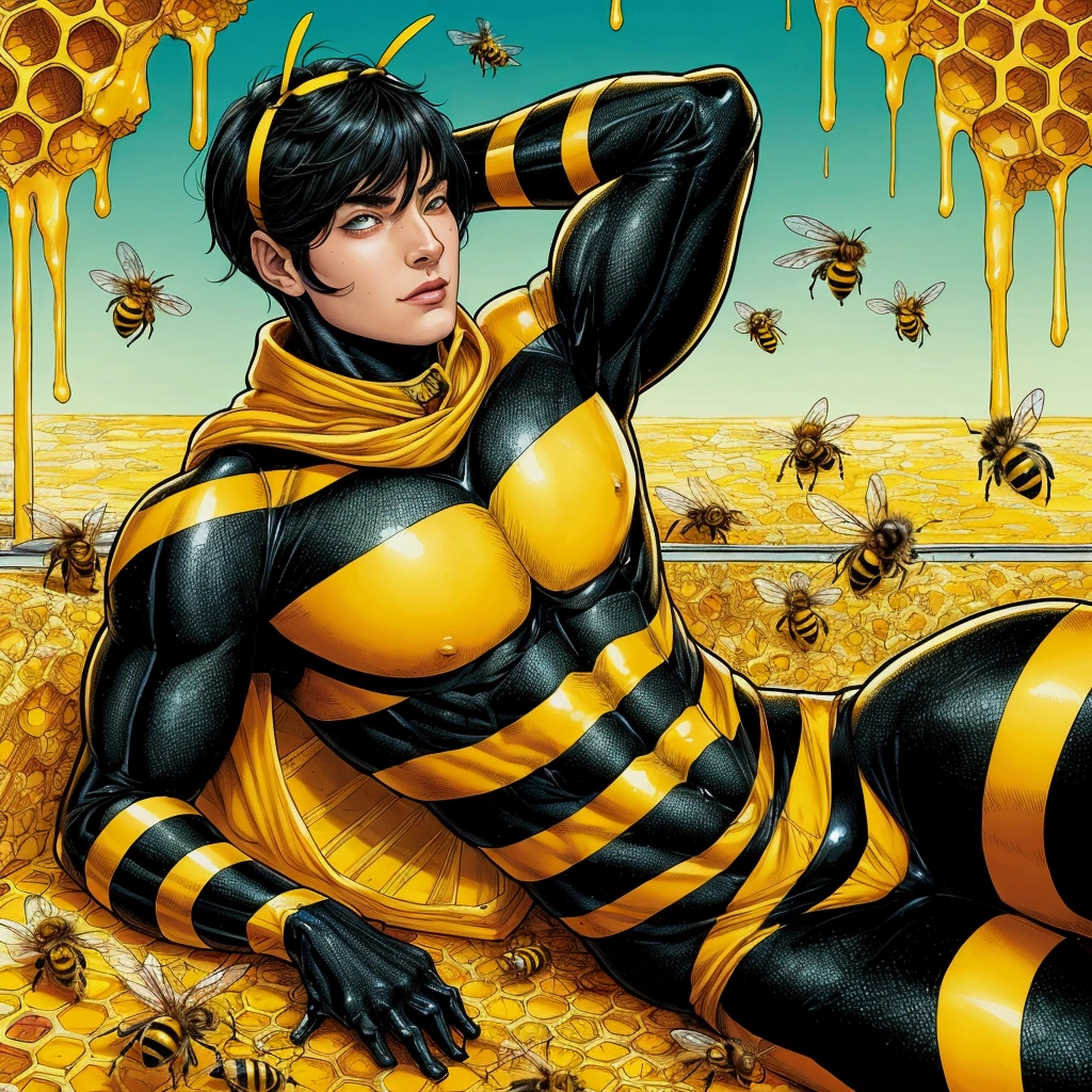a male in a bee suit laying on a honeycomb, (bee), textless, wasp, human structure bee concept art, bumblebee, based on bumblebee, big bee, bees, cassandra cain in satin, hive, inspired by John Romita Jr, john romita senior, fantasy beekeeper, bees covering whole body, phil jimenez, hives, official art, cliff chiang
