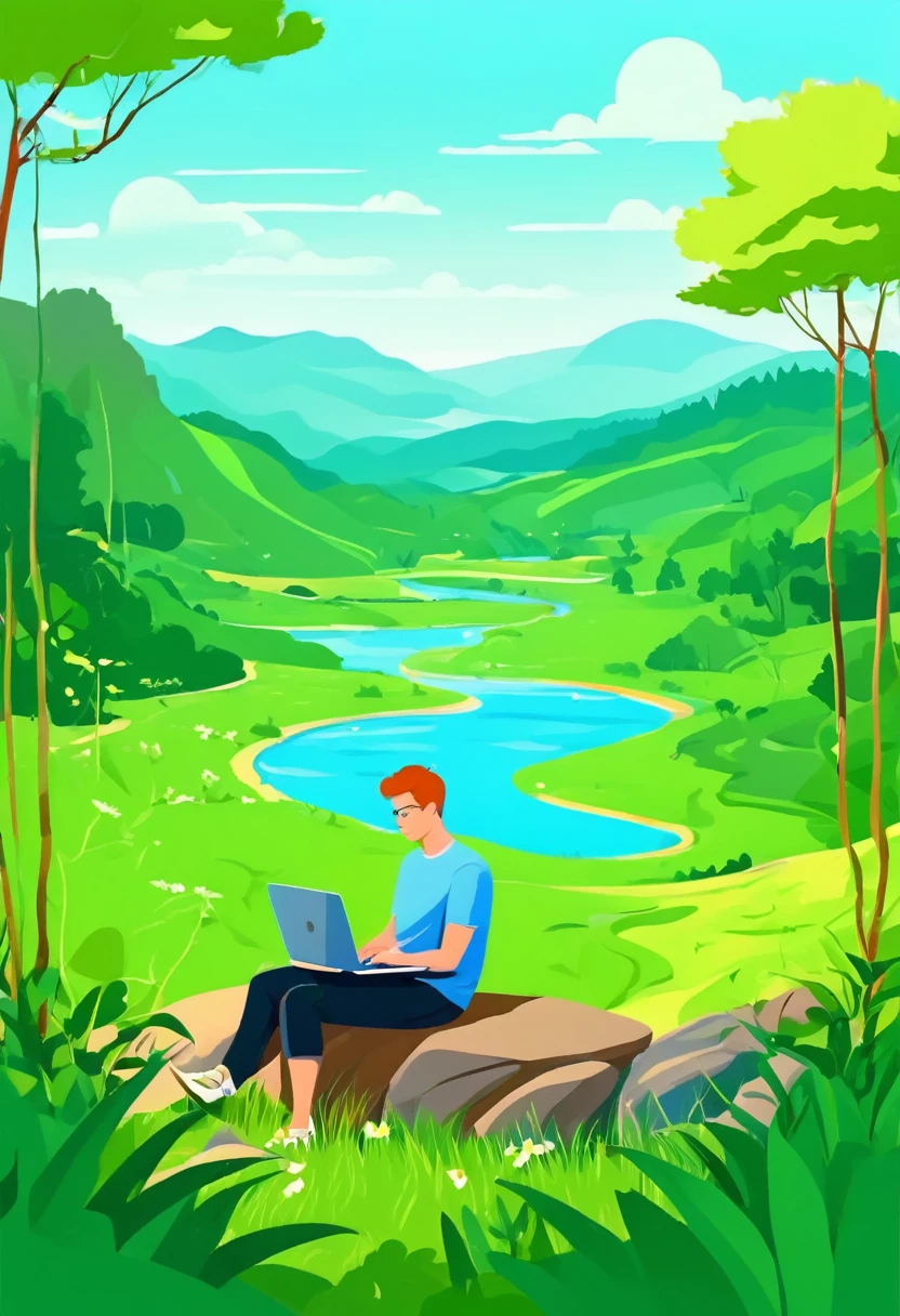 a young man working on a laptop in a nature landscape, remote work, summer, vector illustration, positive serene atmosphere, masterpiece