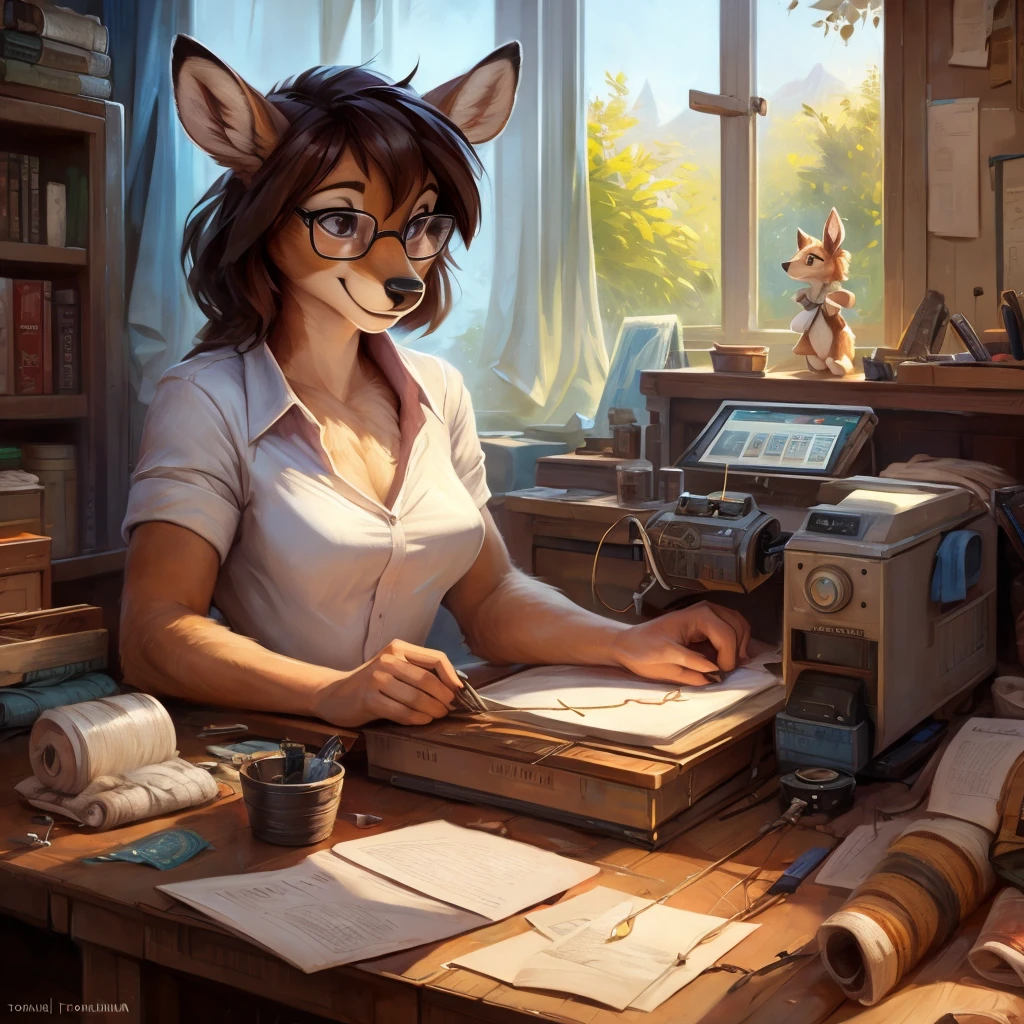 uploaded on e621, by Pixelsketcher, by Bayard Wu, by Thomas Benjamin Kennington , by Einshelm, by hioshiru and kenket, Chunie, portrait, solo anthro female deer doe, with small featureless breasts, clear dark blue, cinematic lighting, day, sunny day, Workspace, sitting at a desk, Workspace background, shiny, shoulder long curly dark brown hair, wears big black nerd glasses, very very beautiful furry art, furry art, smiling, joyful, shiny, happy, feminine, cute face, muzzle, fluffy chest, flawless face, Fallow deer, 1girl, Sakimichan is beautiful, Masterpiece, Wavethesallow Face, shiny, Detailed image, portrait, Detailed image, portrait, full body, wearing wide, long, white blouse, shiny, realistic face, perfect anatomy, hourglass body, (furry body:1.1), anthropomorphic deer, small fluffy tail, detailed background, (cute anatomy:1.1), focused on work, sewing a plushie, working on a plushie, sewing, sewing mashine, many plushies, sew, sewing, embordering, a lot of sewing clutter, 
