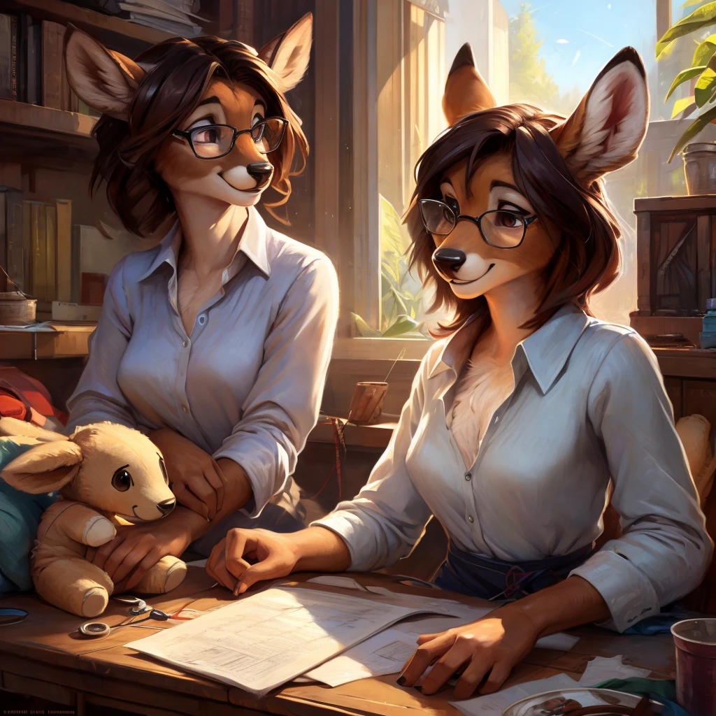 uploaded on e621, by Pixelsketcher, by Bayard Wu, by Thomas Benjamin Kennington , by Einshelm, by hioshiru and kenket, Chunie, portrait, solo anthro female deer doe, with small featureless breasts, clear dark blue, cinematic lighting, day, sunny day, Workspace, sitting at a desk, Workspace background, shiny, shoulder long curly dark brown hair, wears big black nerd glasses, very very beautiful furry art, furry art, smiling, joyful, shiny, happy, feminine, cute face, muzzle, fluffy chest, flawless face, Fallow deer, 1girl, Sakimichan is beautiful, Masterpiece, Wavethesallow Face, shiny, Detailed image, portrait, Detailed image, portrait, full body, wearing wide, long, white blouse, shiny, realistic face, perfect anatomy, hourglass body, (furry body:1.1), anthropomorphic deer, small fluffy tail, detailed background, (cute anatomy:1.1), focused on work, sewing a plushie, working on a plushie, sewing, sewing mashine, many plushies, sew, sewing, embordering, a lot of sewing clutter,