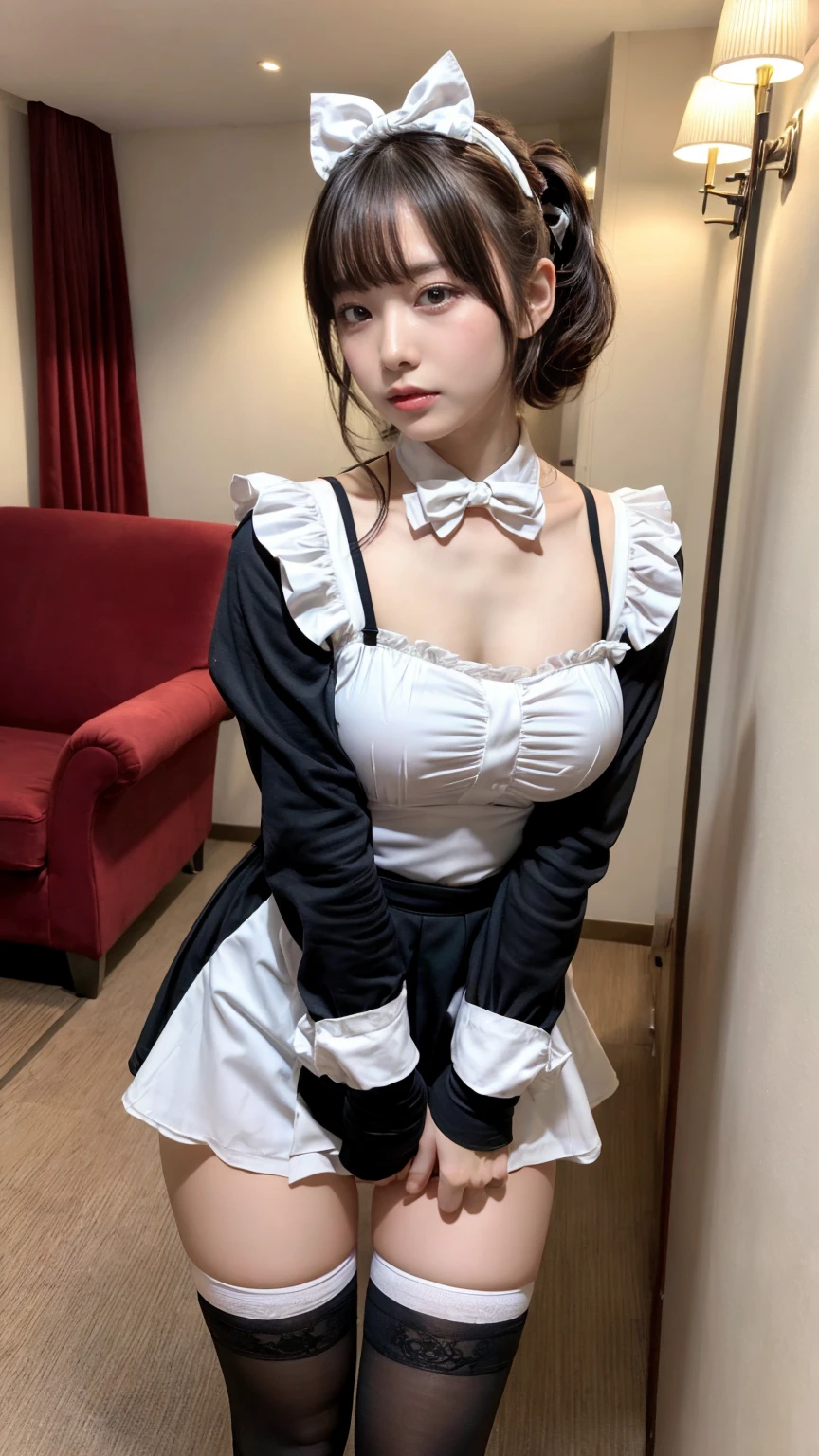 masterpiece, best quality, illustration, Super detailed, fine details, High resolution, 8K,wall paper, perfect dynamic composition,(Details High quality, realistic depiction of eyes:1.3), short hair, (wavy hair:1.2), huge breasts, hotel room, (bow ribbon, Maid, knee high socks:1.3), Aside Cutter Shirt, frill skirt, huge breasts, Don't expose it, ponytail, black hair color, Big Natural Color Lip, perfect body shape, bold sexy pose, crying a little、Harajuku style、20 year old girl、cute type、beautiful legs, full body photo、focus on crotch, hposing Gravure Idol
