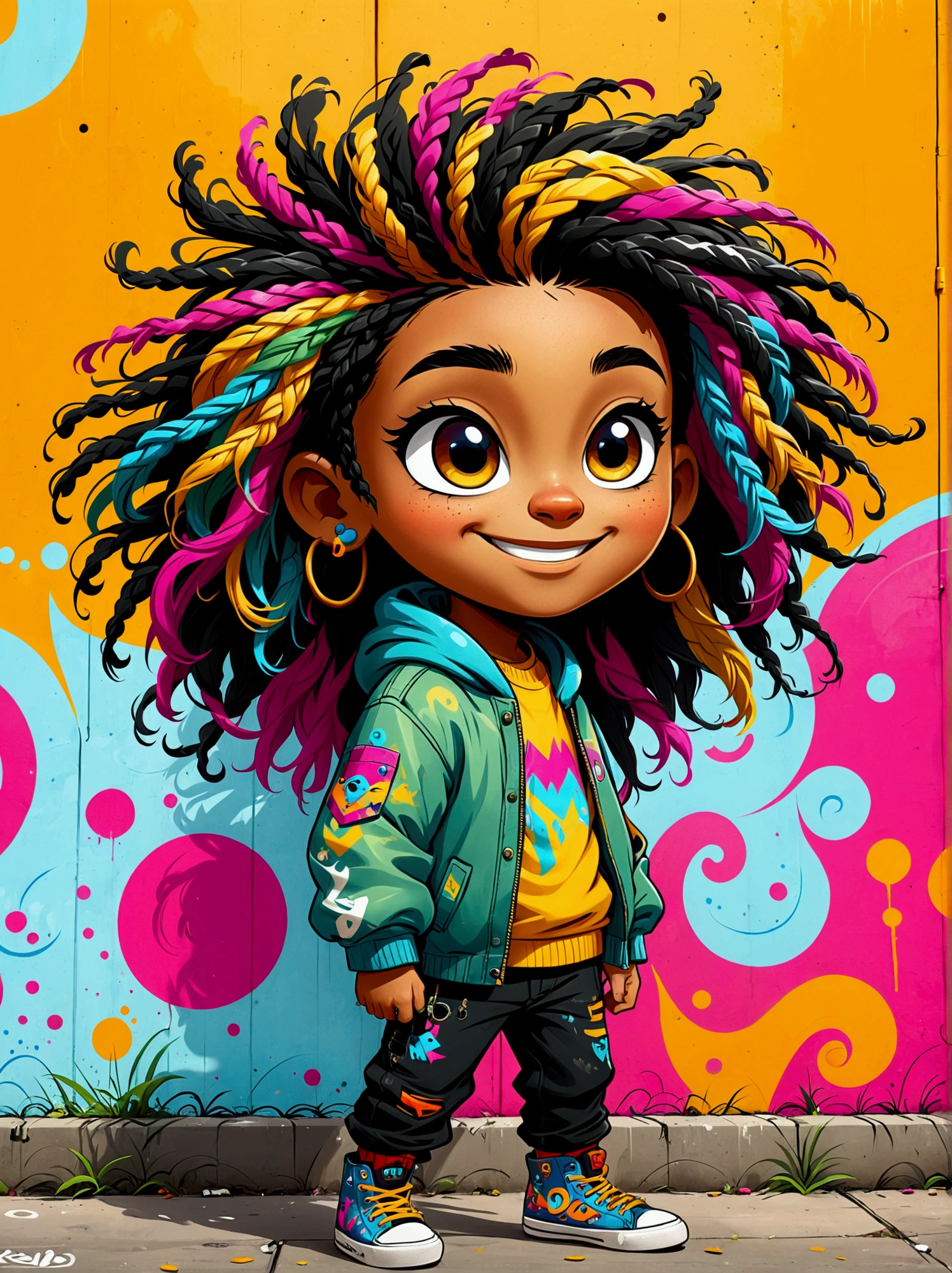 graffiti style,Cartoon characters,vector illustration,ung boy,boku,large, expressive eyes,friendly smile,gorgeous clothing,colored hair,dreadlocks,Unique and wild hairstyle,站在graffiti style的背景前,Add whimsy to the scene