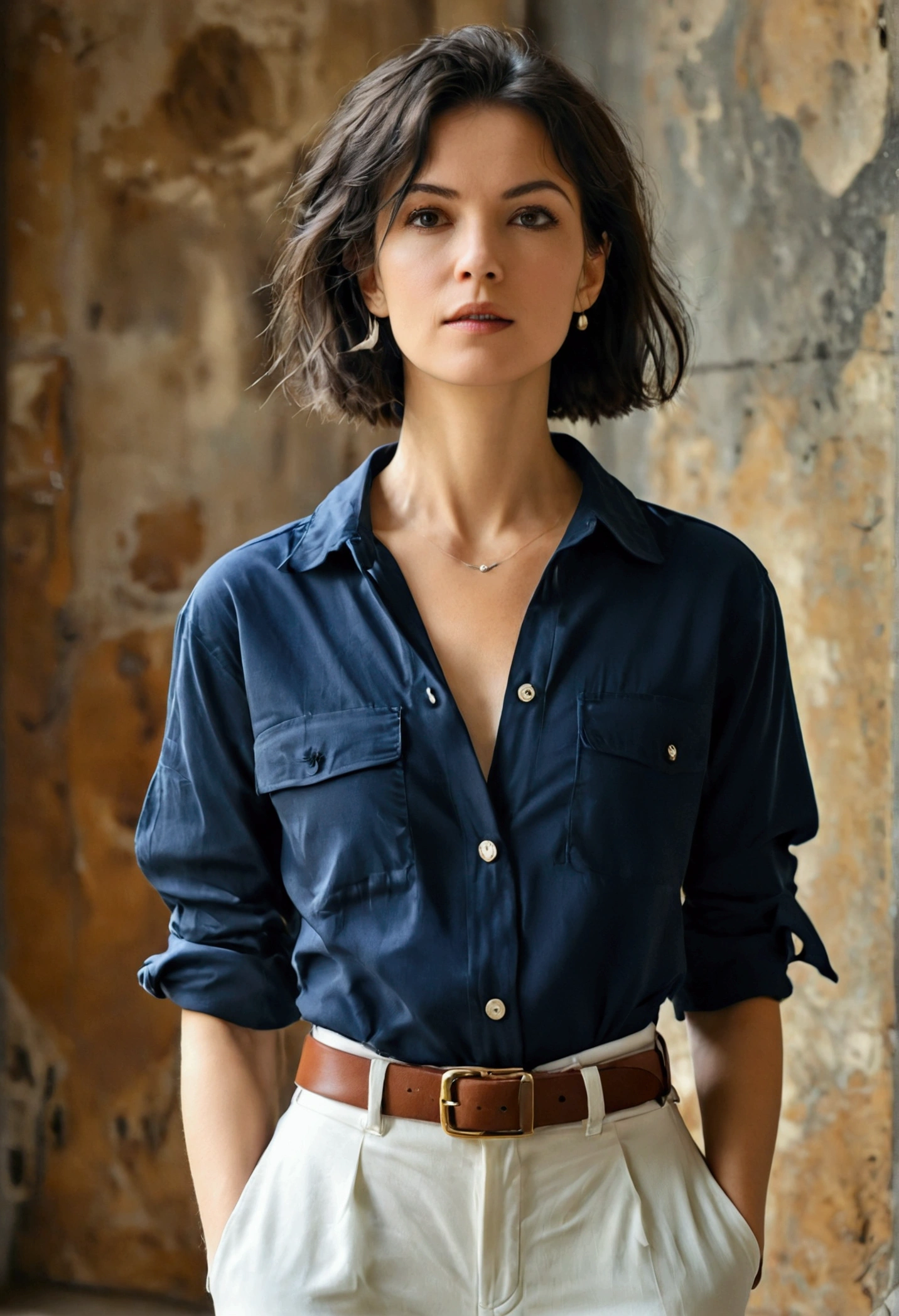 woman, short hair, Navy blue short-sleeved, loose-fitting shirt., Navy blue, long, straight-leg pants., white sneakers, No belt, Stand politely with your arms at your sides.