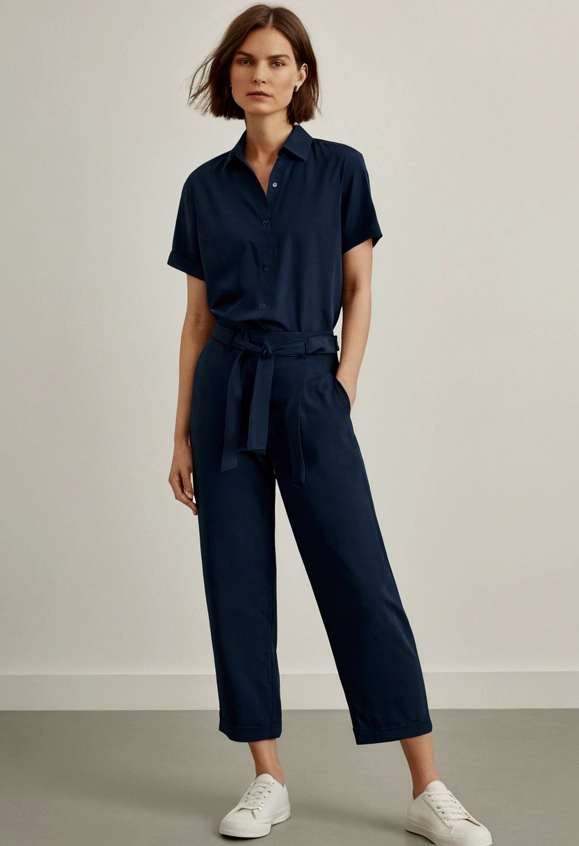 woman, short hair, Navy blue short-sleeved, loose-fitting shirt., Navy blue, long, straight-leg pants., white sneakers, No belt, Stand politely with your arms at your sides.