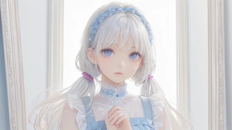 (((Watercolor painting of a cornflower in a white frame,A girl is in a New York cafe with a white framed picture of flowers))),,(((One 13-year-old girl))),(Perfect Eyes),((Realistic eye details)),(((White Hair,beautiful detailed iris)))innocent,Childhood remains,Hair is white,,(Super cute:1.2),(masterpiece、Highest quality,Highest quality,Beautiful and beautiful:1.2),,Innocent Girl,,(Realistic and glossy skin expression,Transparency,Soft ambient light,Kind Face,((Multilayer Texture)),((Storytelling Visual Arts)),Realistic and glossy skin expression, Innocent, large, round eyes,Beautiful attention to detail,The pupils are round,,Downward, Droopy eyes,(A work of outstanding craftsmanship),(Transparency),(Perfect and beautiful face),Tyndall effect, Realistic, ,((White and light blue shirt:1.3、White and light blue block dress)),,Distorted perspective ,dress with lace,Gentle mouth, Frill dress, , , , Hair Flowers, , ((hair band)), , Particles of light,, ,, , petal,,,Floating Hair,,(masterpiece、Highest quality,Highest quality,Beautiful and beautiful:1.2),,,Braided Pigtails,,Face Light,((Big beautiful eyes:1.3)),()),,Tyndall effect,Foliage plant, (Skin with attention to detail: 1.2),