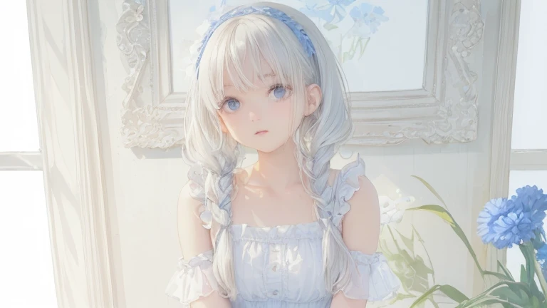 (((Watercolor painting of a cornflower in a white frame,A girl is in a New York cafe with a white framed picture of flowers))),,(((One 13-year-old girl))),(Perfect Eyes),((Realistic eye details)),(((White Hair,beautiful detailed iris)))innocent,Childhood remains,Hair is white,,(Super cute:1.2),(masterpiece、Highest quality,Highest quality,Beautiful and beautiful:1.2),,Innocent Girl,,(Realistic and glossy skin expression,Transparency,Soft ambient light,Kind Face,((Multilayer Texture)),((Storytelling Visual Arts)),Realistic and glossy skin expression, Innocent, large, round eyes,Beautiful attention to detail,The pupils are round,,Downward, Droopy eyes,(A work of outstanding craftsmanship),(Transparency),(Perfect and beautiful face),Tyndall effect, Realistic, ,((White and light blue shirt:1.3、White and light blue block dress)),,Distorted perspective ,dress with lace,Gentle mouth, Frill dress, , , , Hair Flowers, , ((hair band)), , Particles of light,, ,, , petal,,,Floating Hair,,(masterpiece、Highest quality,Highest quality,Beautiful and beautiful:1.2),,,Braided Pigtails,,Face Light,((Big beautiful eyes:1.3)),()),,Tyndall effect,Foliage plant, (Skin with attention to detail: 1.2),