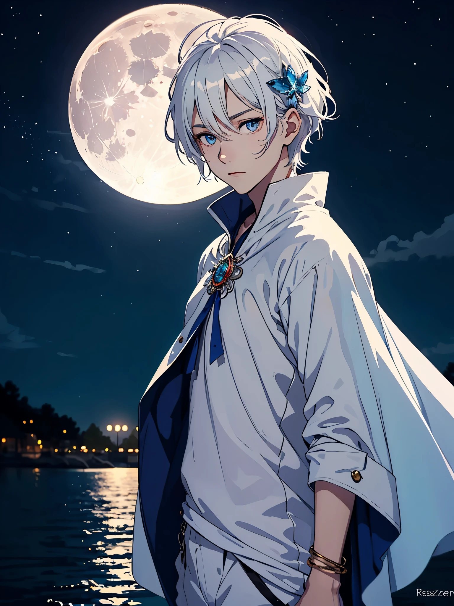 Mehr anime. aquatic, boy, Goddess of the Moon, silver hair accessories, White hair, White dress, cape, at night, saturated colors, light eyes, bright, light blue light, blue eyes, Jewelry silver, bluish light, Full moon in the background, aquatic in der Luft rosa kerzen