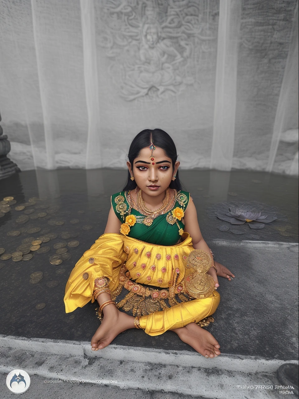 a close up of a  sitting on a lotus flower with coins, indian goddess of wealth, vishnu, hindu god, indian god, devainart, hinduism, peredvishniki, hindu art, young goddess, indian goddess, godness, hindu aesthetic, divine god, trending ，, hindu gods, by Thota Vaikuntham, beautiful image, fanart, divine goddess