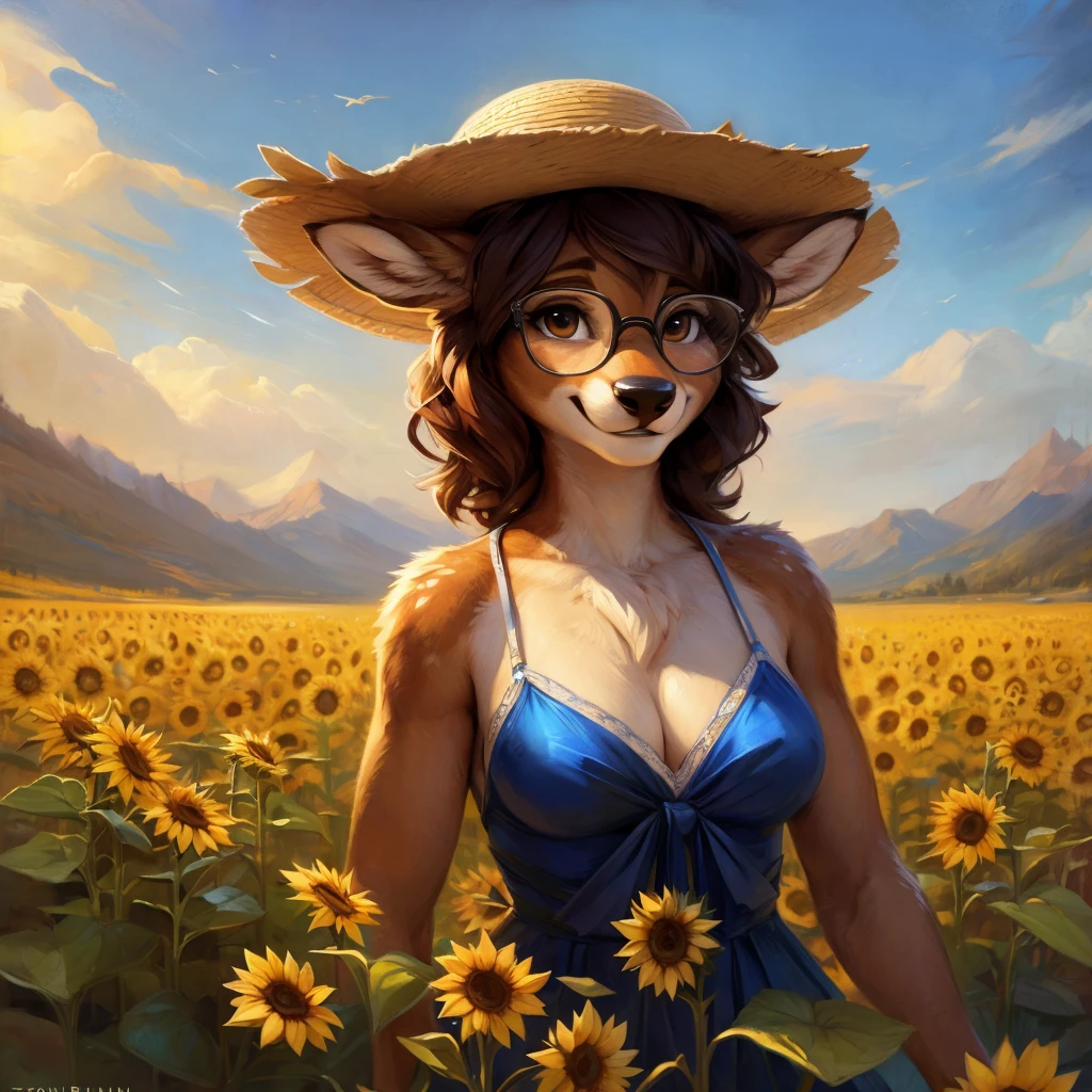 uploaded on e621, by Pixelsketcher, by Bayard Wu, by Thomas Benjamin Kennington , by Einshelm, by hioshiru and kenket, Chunie, portrait, solo anthro female deer doe, with small featureless breasts, clear dark blue, cinematic lighting, day, sunny day, sunflower field, stands in a high sunflower field, sunflower field background, sunflowers, mediterranean background, horizon background, shiny, short curly dark brown hair, wears big black nerd glasses, very very beautiful furry art, furry art, smiling, joyful, shiny, happy, feminine, cute face, muzzle, fluffy chest, flawless face, Fallow deer, 1girl, Sakimichan is beautiful, Masterpiece, Wavethesallow Face, shiny, Detailed image, portrait, Detailed image, portrait, full body, wearing pure white and wide spaghetti straps dress, wearing big and wide beige summer straw hat, shiny, realistic face, perfect anatomy, hourglass body, (furry body:1.1), anthropomorphic deer, looks at the viewer, small fluffy tail, detailed background, (cute anatomy:1.1)
