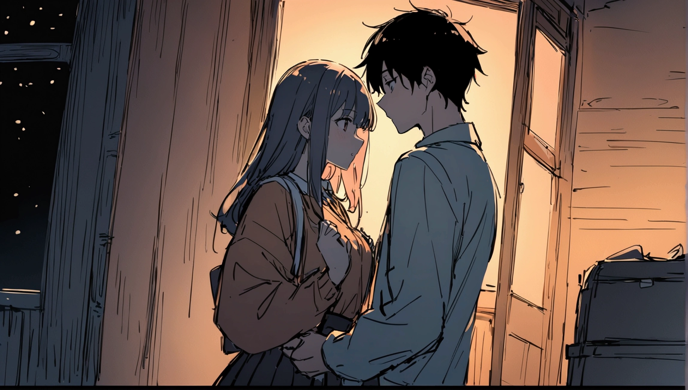 masterpiece,最high quality,Super detailed,High resolution backgrounds,8K,High Resolution,high quality,break,high school student,Man and woman couple,romantic,Night view,Japanese manga style, sketch, Colored pencil