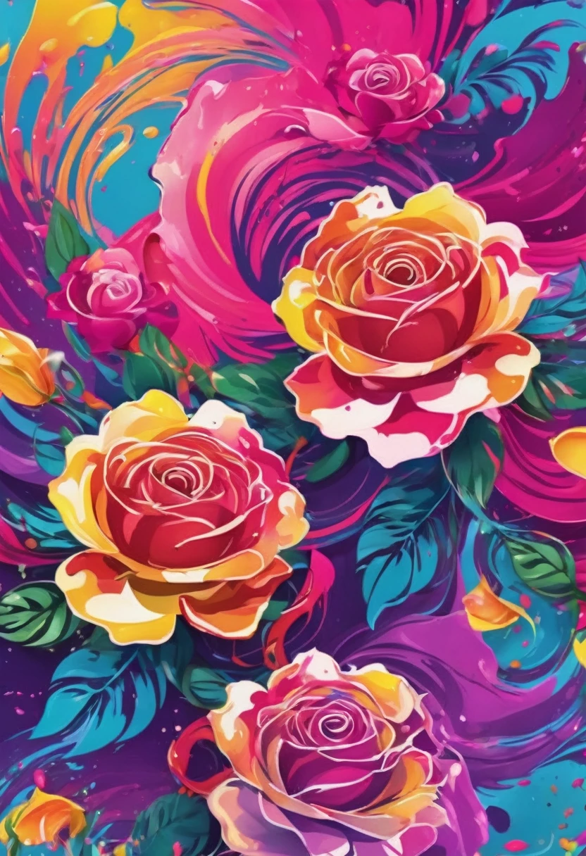 Logo with colorful illustration with many roses, At the center, swirly vibrant colors, paint splashes and smears, high détail, Hawaiian style background