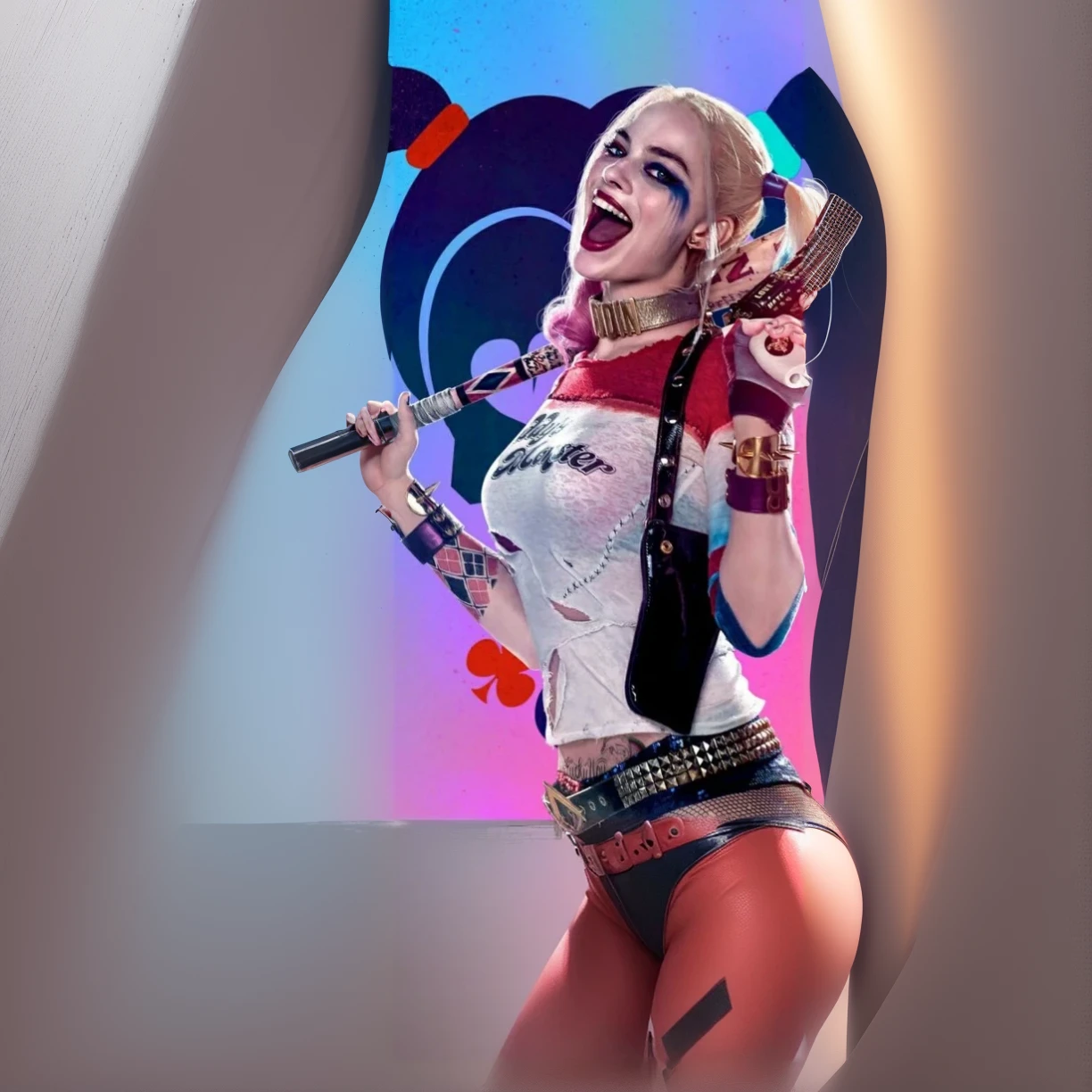 A woman&#39;s whole body、Harley Quinn、Margod Robbie、Suicide Squad movie、Metal bat on shoulder、T-Shirts、Shorts、