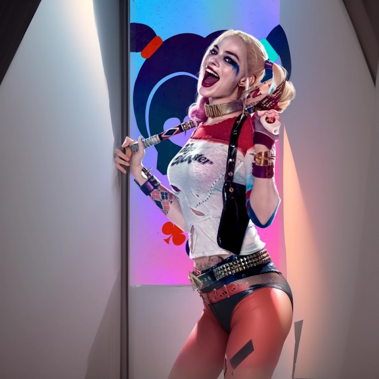 A woman's whole body、Harley Quinn、Margod Robbie、Suicide Squad movie、Metal bat on shoulder、T-Shirts、Shorts、
