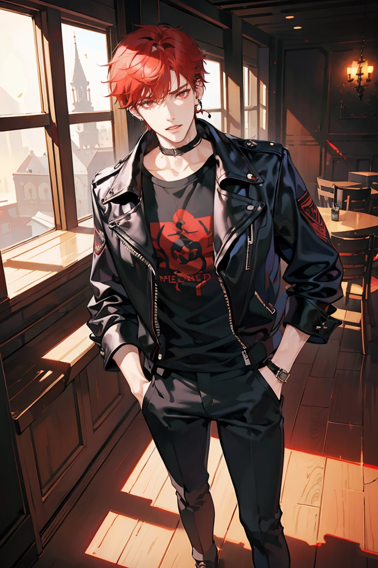 (masterpiece), best quality, seductive eyes, perfect face, handsome man, red eyes, short messy red hair, long nose, plain black t-shirt, black fitted pants, black leather jacket, full body, extremely tall man, long legs, long calves, anime cover, 1boy, ear piercings, hands in pockets, adult-like look