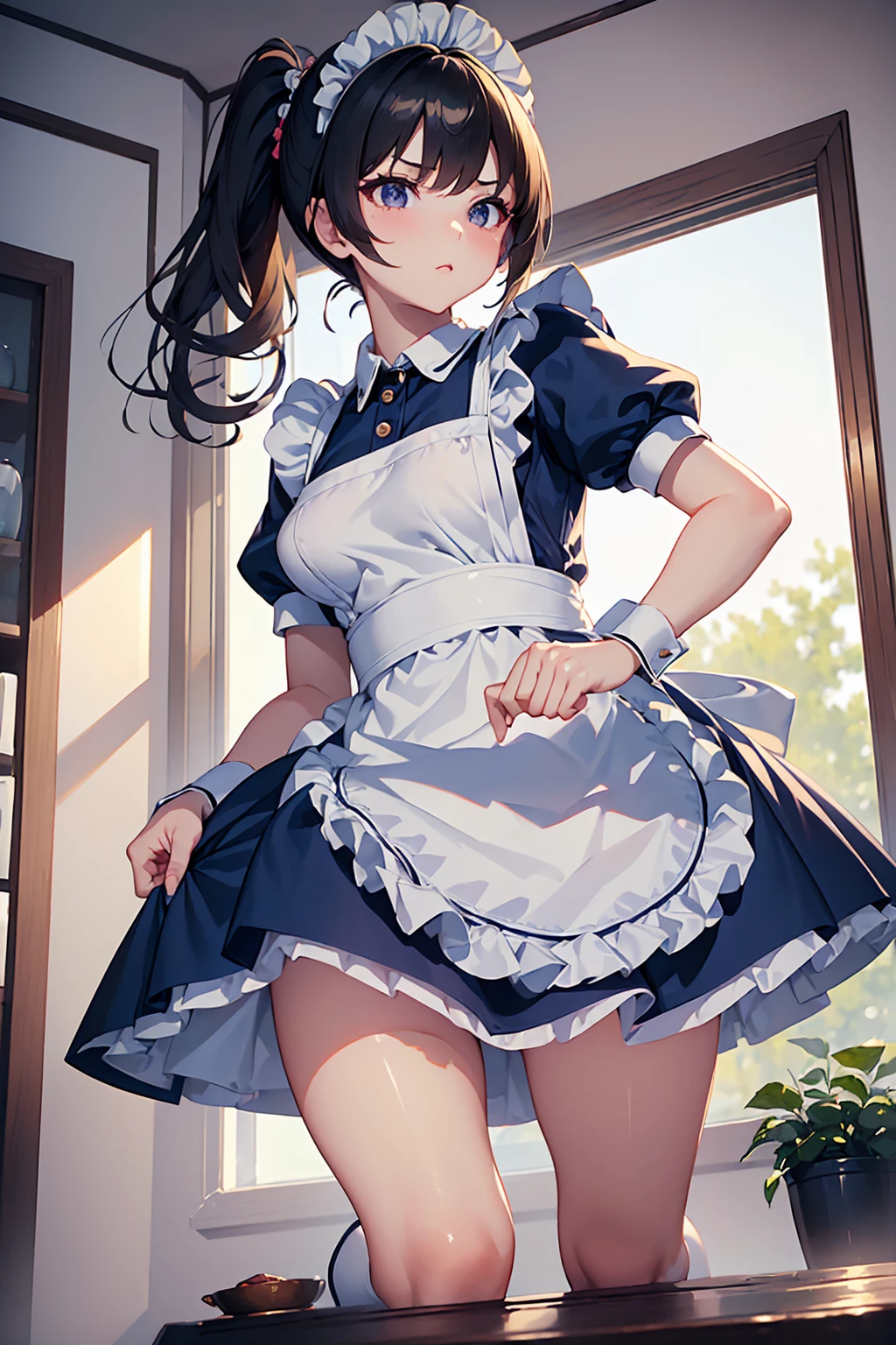 masterpiece, best quality, ultra detailed,super fine illustration, highly detailed beautiful face and eyes, 1girl, (cute), (kawaii), small breasts, (traditional maid collared shirt:1.3), mini skirt, (navy high socks), ponytail hair, standing, noshoes, (from below:1.3),