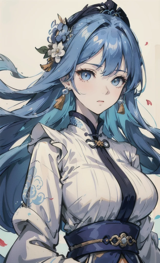 Gigantic breasts , Mature girl , dark orange eyes, blue and white hair color, floating hair, delicate and smart eyes, intricate damask hanfu, gorgeous accessories, wearing pearl earrings, fov, f/1.8, masterpiece, ancient Chinese architecture, blue sky, flower petals flying, front portrait shot, Chang'e, side lighting, sunlight on people, 8K