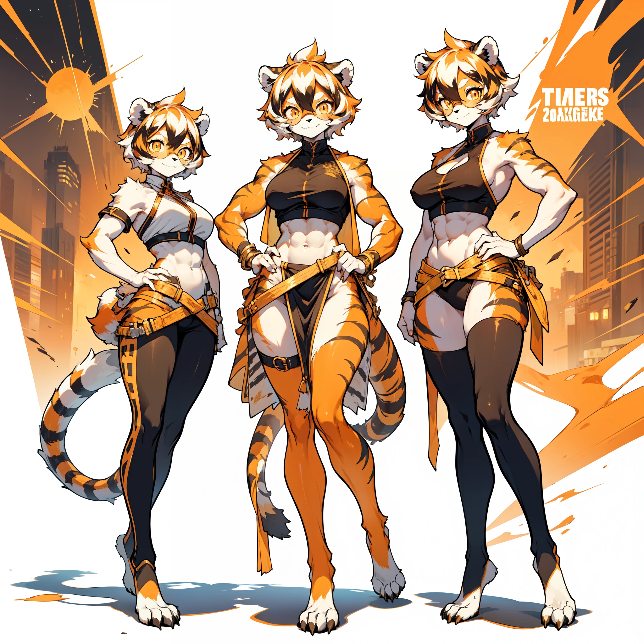 white background, full body, ((furry female:1.2)), Standing, animal ears, white hair, black hair, short hair, large breasts, muscle, tail, orange eyes, orange hair, multicolored hair, tiger girl, hair between eyes, tiger_ears, tiger_tail, orange-tinted_eyewear, tinted_eyewear, big breasts, evil smile, Shadows under feet, Abdominal muscles, (((Hooker outfit:1.2))), show body，Gold, lots of gold, gold ingots everywhere