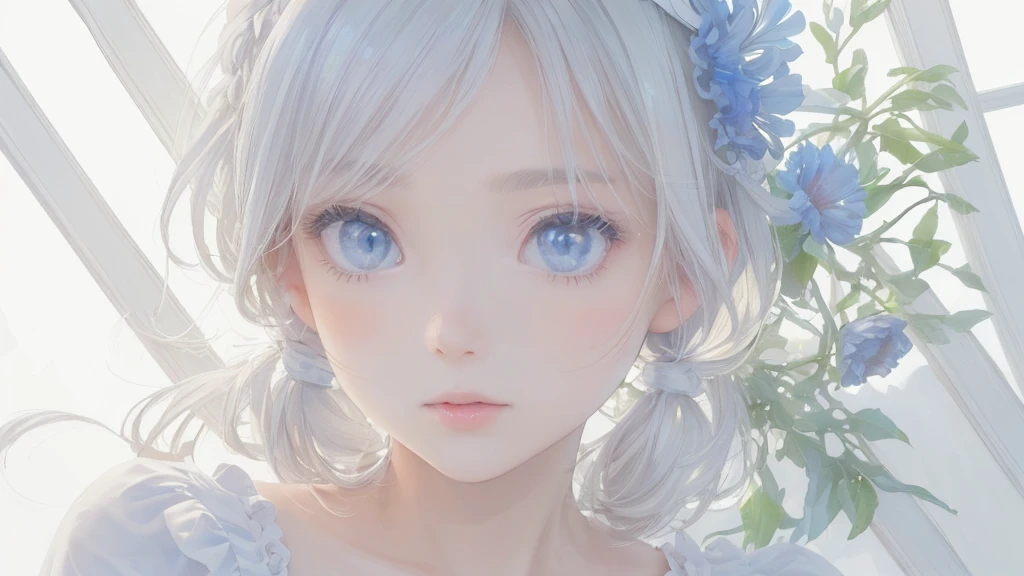 (((Watercolor painting of a cornflower in a white frame,A girl is in a New York cafe with a white framed picture of flowers))),,(((One 13-year-old girl))),(Perfect Eyes),((Realistic eye details)),(((White Hair,beautiful detailed iris)))innocent,Childhood remains,Hair is white,,(Super cute:1.2),(masterpiece、Highest quality,Highest quality,Beautiful and beautiful:1.2),,Innocent Girl,,(Realistic and glossy skin expression,Transparency,Soft ambient light,Kind Face,((Multilayer Texture)),((Storytelling Visual Arts)),Realistic and glossy skin expression, Innocent, large, round eyes,Beautiful attention to detail,The pupils are round,,Downward, Droopy eyes,(A work of outstanding craftsmanship),(Transparency),(Perfect and beautiful face),Tyndall effect, Realistic, ,((White and light blue shirt:1.3、White and light blue block dress)),,Distorted perspective ,dress with lace,Gentle mouth, Frill dress, , , , Hair Flowers, , ((hair band)), , Particles of light,, ,, , petal,,,Floating Hair,,(masterpiece、Highest quality,Highest quality,Beautiful and beautiful:1.2),,,Braided Pigtails,,Face Light,((Big beautiful eyes:1.3)),()),,Tyndall effect,Foliage plant, (Skin with attention to detail: 1.2),