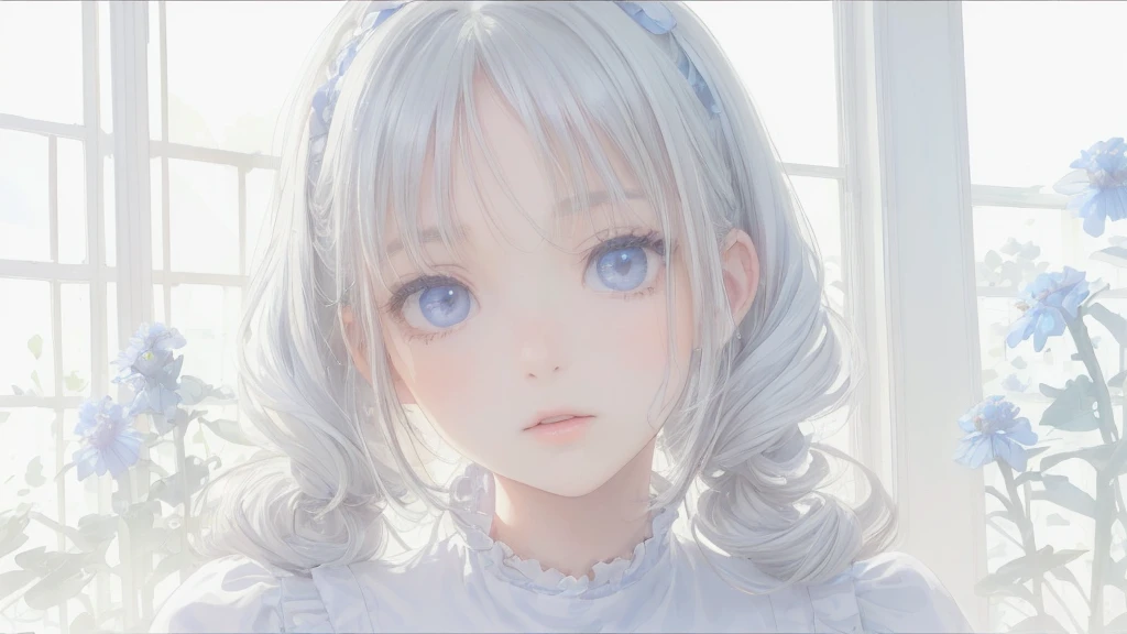 (((Watercolor painting of a cornflower in a white frame,A girl is in a New York cafe with a white framed picture of flowers))),,(((One 13-year-old girl))),(Perfect Eyes),((Realistic eye details)),(((White Hair,beautiful detailed iris)))innocent,Childhood remains,Hair is white,,(Super cute:1.2),(masterpiece、Highest quality,Highest quality,Beautiful and beautiful:1.2),,Innocent Girl,,(Realistic and glossy skin expression,Transparency,Soft ambient light,Kind Face,((Multilayer Texture)),((Storytelling Visual Arts)),Realistic and glossy skin expression, Innocent, large, round eyes,Beautiful attention to detail,The pupils are round,,Downward, Droopy eyes,(A work of outstanding craftsmanship),(Transparency),(Perfect and beautiful face),Tyndall effect, Realistic, ,((White and light blue shirt:1.3、White and light blue block dress)),,Distorted perspective ,dress with lace,Gentle mouth, Frill dress, , , , Hair Flowers, , ((hair band)), , Particles of light,, ,, , petal,,,Floating Hair,,(masterpiece、Highest quality,Highest quality,Beautiful and beautiful:1.2),,,Braided Pigtails,,Face Light,((Big beautiful eyes:1.3)),()),,Tyndall effect,Foliage plant, (Skin with attention to detail: 1.2),