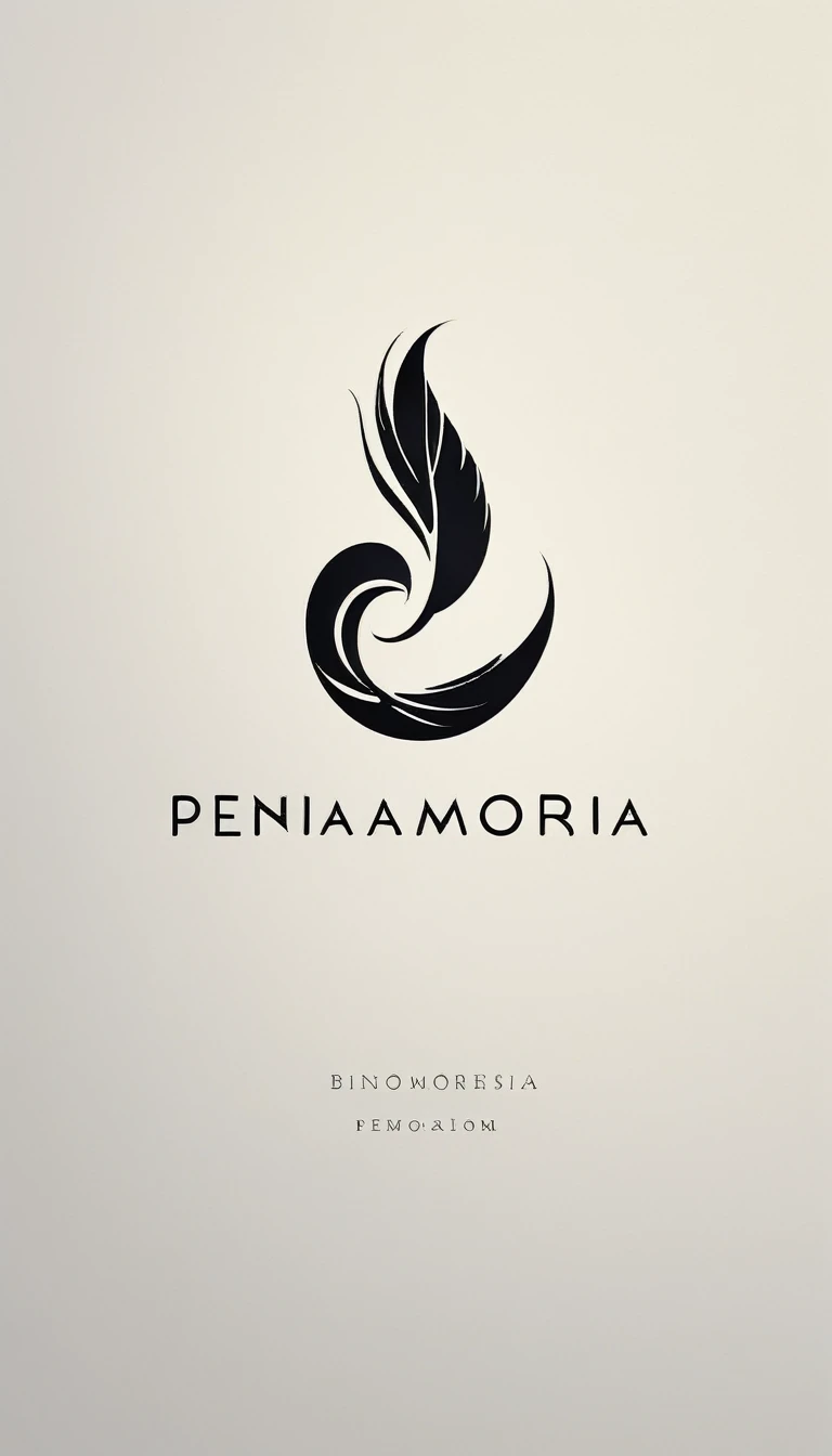 A minimal, modern, simple, cinematic logotype for the brand “Penamemoria". The logotype must be a simple, magical feather. The logo must convey a sense of music, stories and dreams. Logo design impressed on a book cover. Minimalistic logo