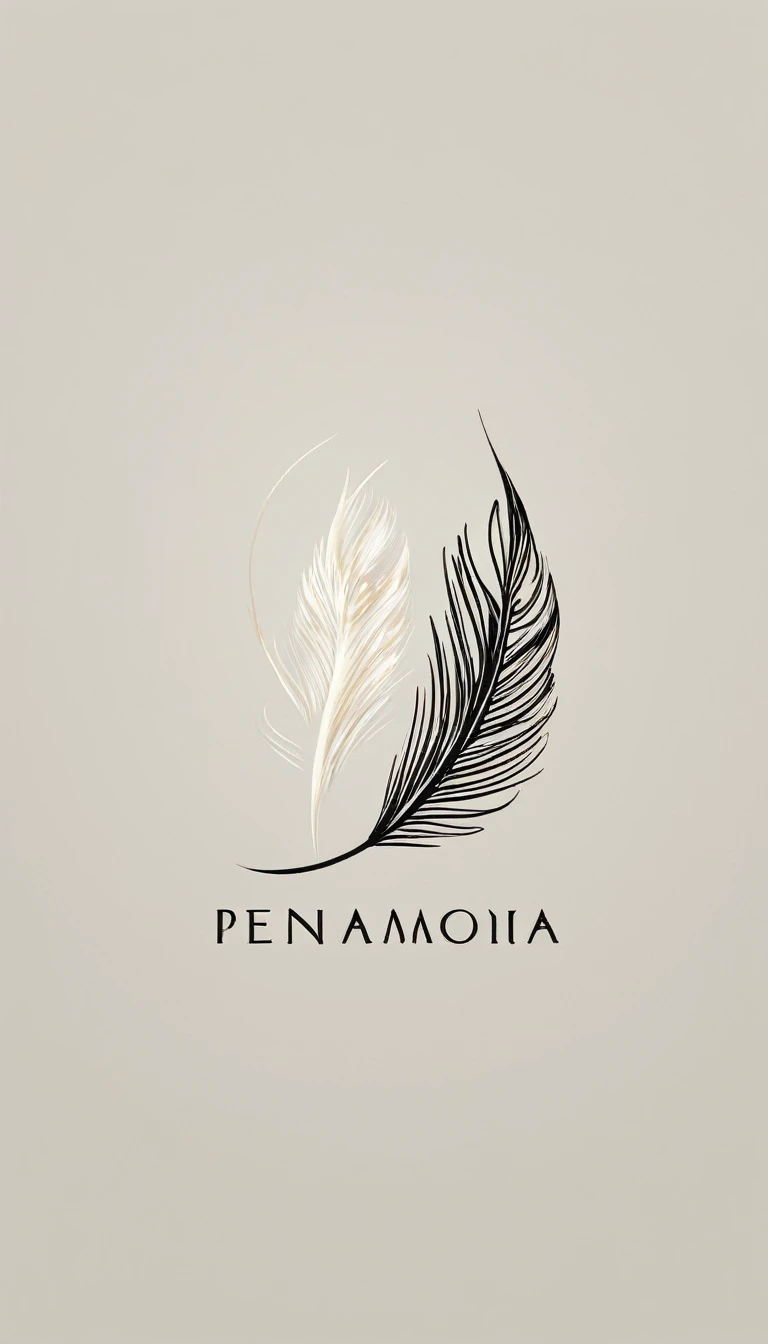 A minimal, modern, simple, cinematic logotype for the brand “Penamemoria". The logotype must be a simple, magical feather. The logo must convey a sense of music, stories and dreams. Logo design impressed on a book cover. Minimalistic logo