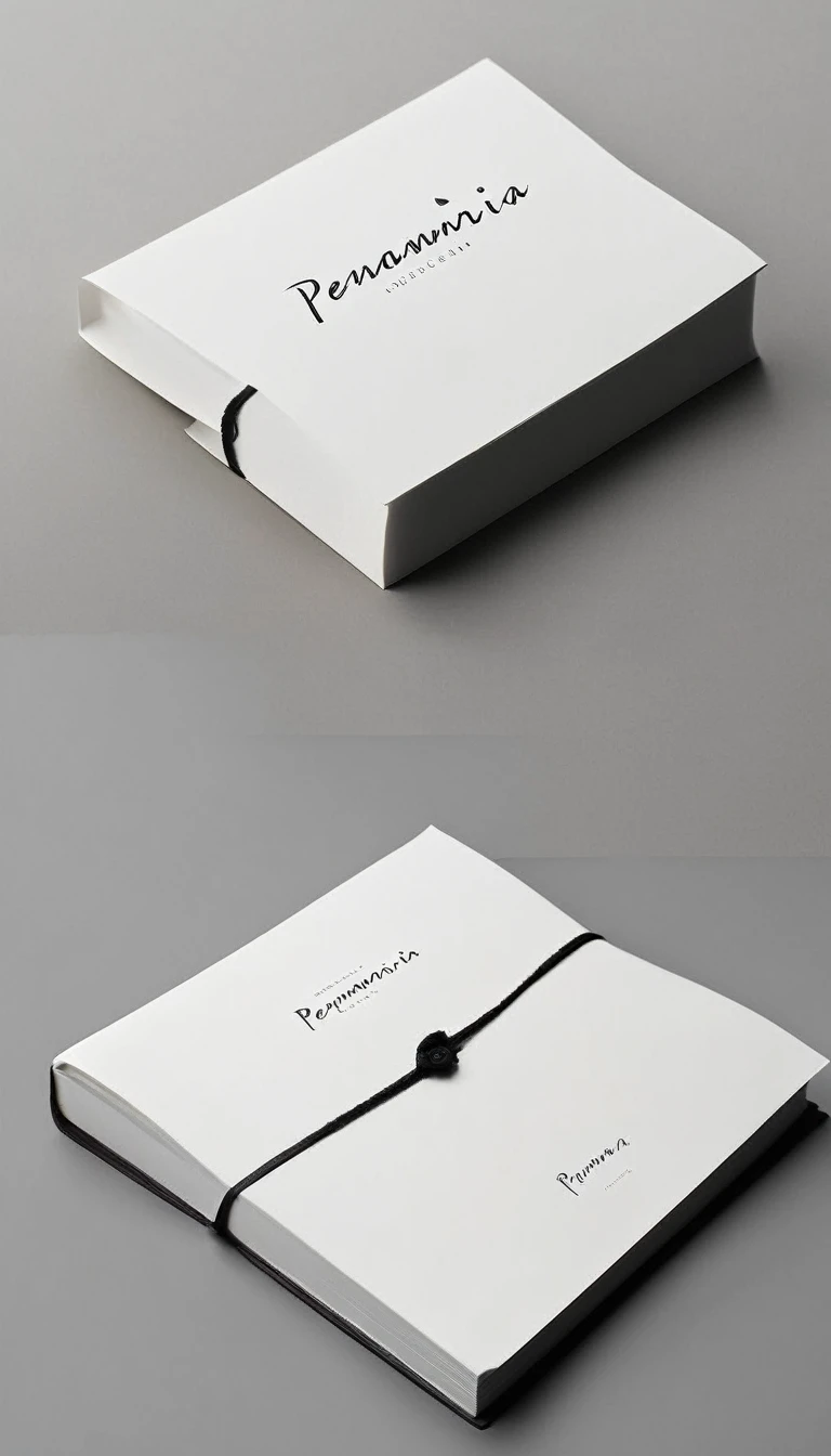 A minimal, modern, simple, cinematic logotype for the brand “Penamemoria". The logotype must be a simple, magical feather. The logo must convey a sense of music, stories and dreams. Logo design impressed on a book cover. Minimalistic logo