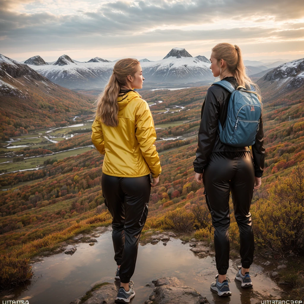 Naturescape photography; mountain climbing; Full body view; (1woman:0.5, solo), (slender body), (Small breasts) , (soaking wet red wind jacket ,tight cargo satin Pants, terrain running shoes, big rucksack), standing on a mountain peak, Rough track, boulders , (long yellow hair), (nordic girl, 26-year-old, ultra delicate face, ultra Beautiful face, ultra delicate eyes, ultra detailed nose, ultra detailed mouth, ultra detailed facial features, natural skin, blemishes, blue eyes), (breasts are small: 0.5) (face is shiny:0.8), (natural skin:1 m, (Spectacular autumn rain, mountain views, with rugged Norwegian mountain ranges in the distance ), (Highest Quality, hyper-realistic:1.3, Super dense, very detailed illustration, Best image quality, very detailed illustration) natural skin, blemishes, detail skin texture, full body pose, natural skin poors, (((shot straight from the behind ))) she is uncomfortable and cold, afraid, sexy Ass, candid Ass,