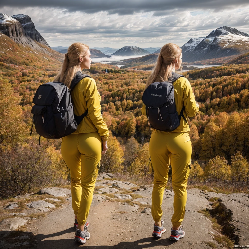 Naturescape photography; mountain climbing; Full body view; (1woman:0.5, solo), (slender body), (Small breasts) , (soaking wet red wind jacket ,tight cargo satin Pants, terrain running shoes, big rucksack), standing on a mountain peak, Rough track, boulders , (long yellow hair), (nordic girl, 26-year-old, ultra delicate face, ultra Beautiful face, ultra delicate eyes, ultra detailed nose, ultra detailed mouth, ultra detailed facial features, natural skin, blemishes, blue eyes), (breasts are small: 0.5) (face is shiny:0.8), (natural skin:1 m, (Spectacular autumn rain, mountain views, with rugged Norwegian mountain ranges in the distance ), (Highest Quality, hyper-realistic:1.3, Super dense, very detailed illustration, Best image quality, very detailed illustration) natural skin, blemishes, detail skin texture, full body pose, natural skin poors, (((shot straight from the behind ))) she is uncomfortable and cold, afraid, sexy Ass, candid Ass,