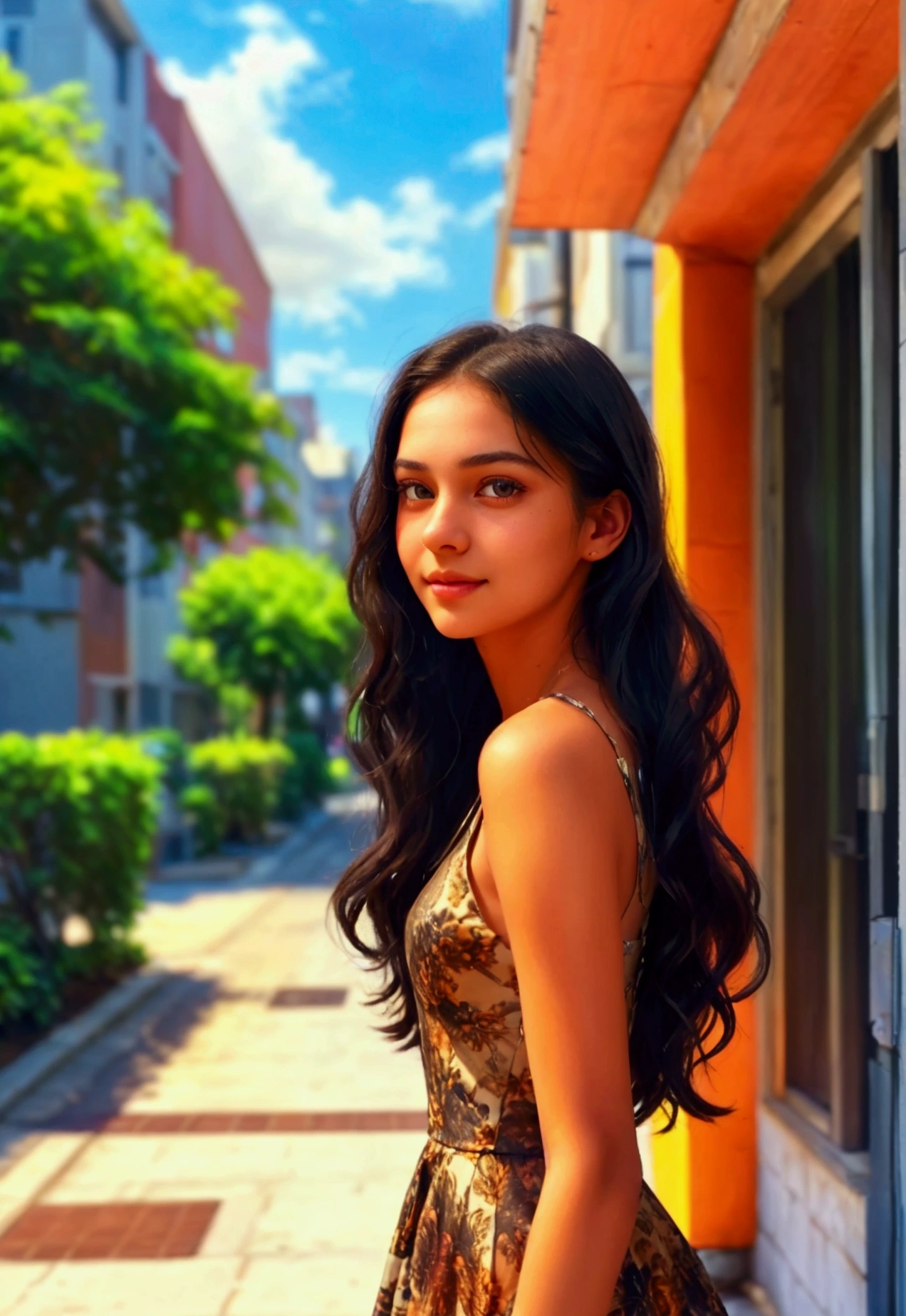 (anika)A realistic portrait of a young woman named Anika stepping out of her house in a well-maintained city neighborhood. She is dressed in a stylish summer outfit, including a short, fashionable dress that accentuates her figure. Her long, dark hair is styled in loose waves, and she has a confident and friendly expression. The background features well-kept buildings, clean streets, and trees lining the sidewalks. Natural lighting highlights her facial features, her outfit, and the vibrant city atmosphere of a sunny summer day.
