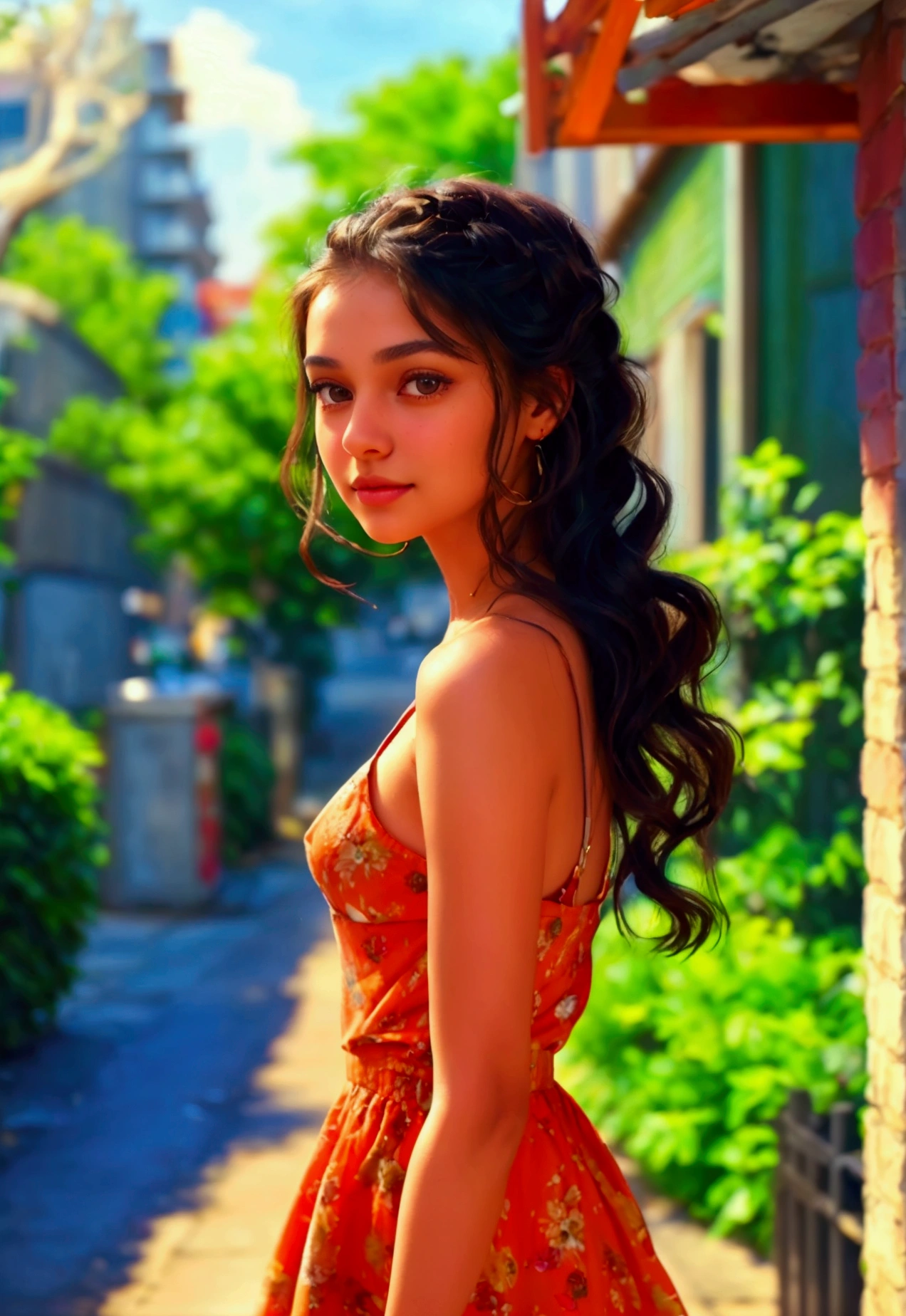 (anika)A realistic portrait of a young woman named Anika stepping out of her house in a well-maintained city neighborhood. She is dressed in a stylish summer outfit, including a short, fashionable dress that accentuates her figure. Her long, dark hair is styled in loose waves, and she has a confident and friendly expression. The background features well-kept buildings, clean streets, and trees lining the sidewalks. Natural lighting highlights her facial features, her outfit, and the vibrant city atmosphere of a sunny summer day.
