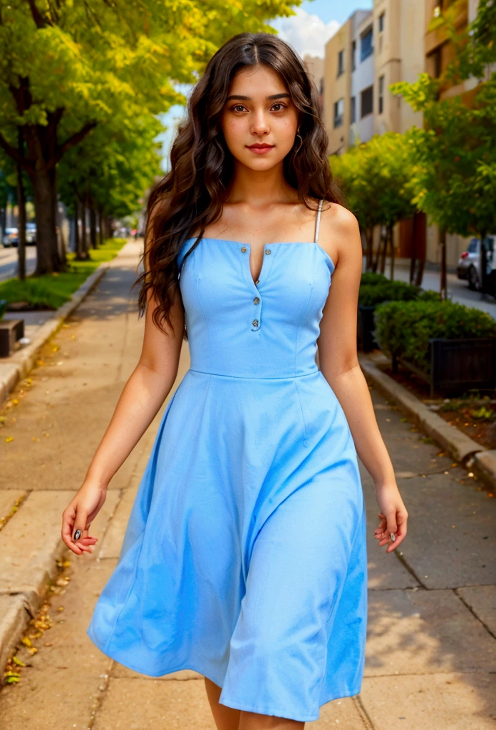 (anika)A realistic portrait of a young woman named Anika stepping out of her house in a well-maintained city neighborhood. She is dressed in a stylish summer outfit, including a short, fashionable dress that accentuates her figure. Her long, dark hair is styled in loose waves, and she has a confident and friendly expression. The background features well-kept buildings, clean streets, and trees lining the sidewalks. Natural lighting highlights her facial features, her outfit, and the vibrant city atmosphere of a sunny summer day.