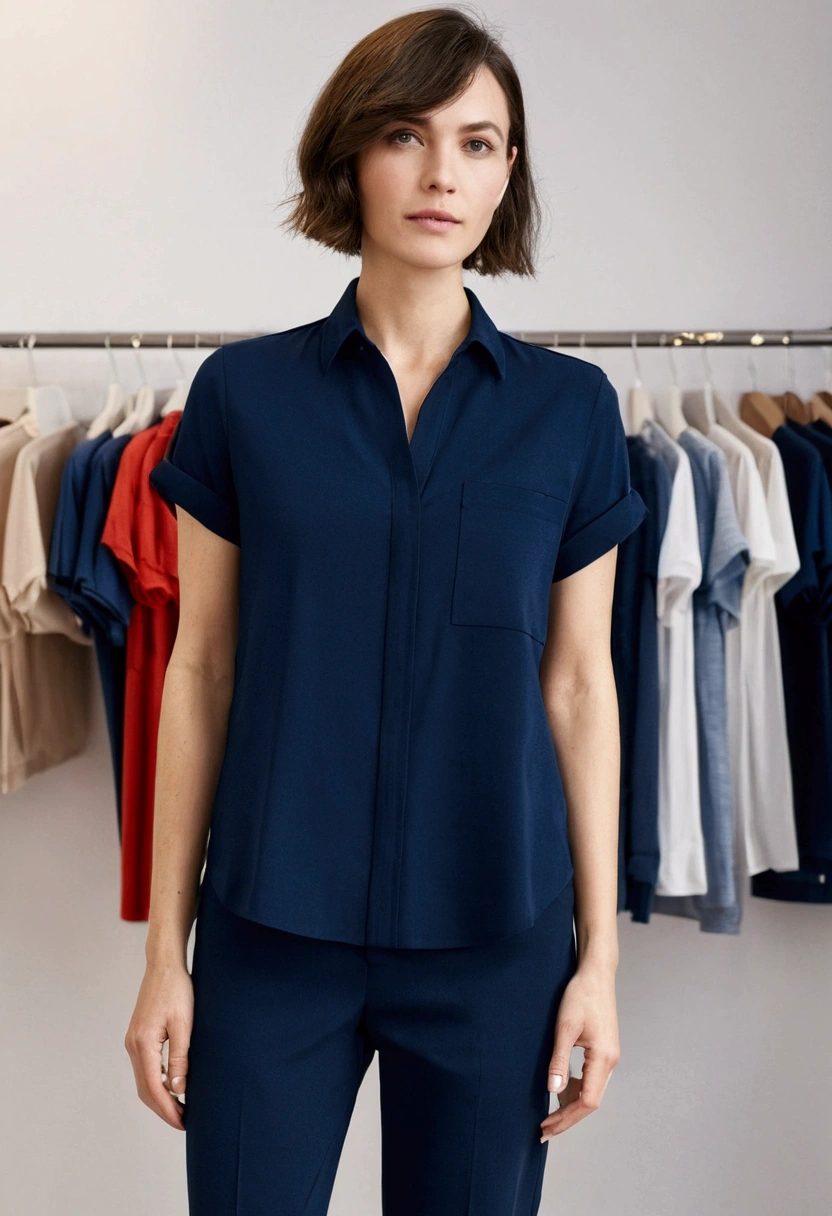 woman, short hair, Navy blue short-sleeved, loose-fitting shirt., Navy blue, long, straight-leg pants., white sneakers, Taking care of customers in a clothing store