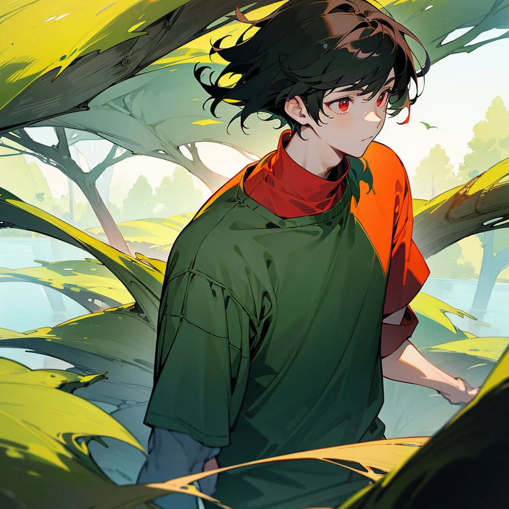 a teen boy, short black hair, red eyes, a green sweater, calm nature scenery, beautiful